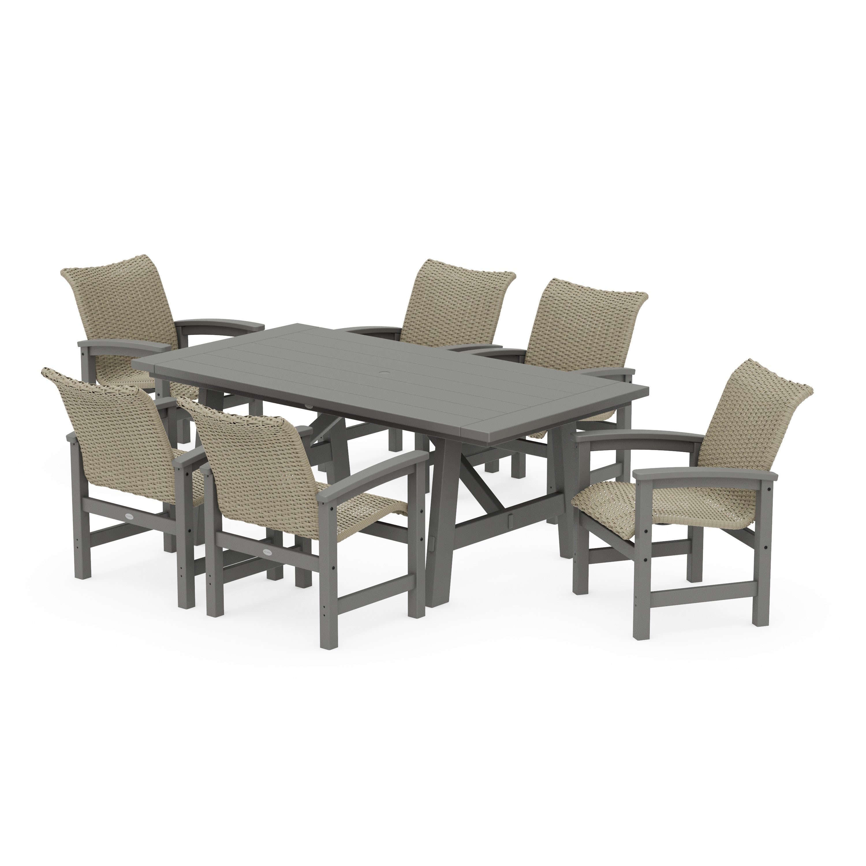 Coastal Woven Arm Chair 7-Piece Rustic Farmhouse Dining Set