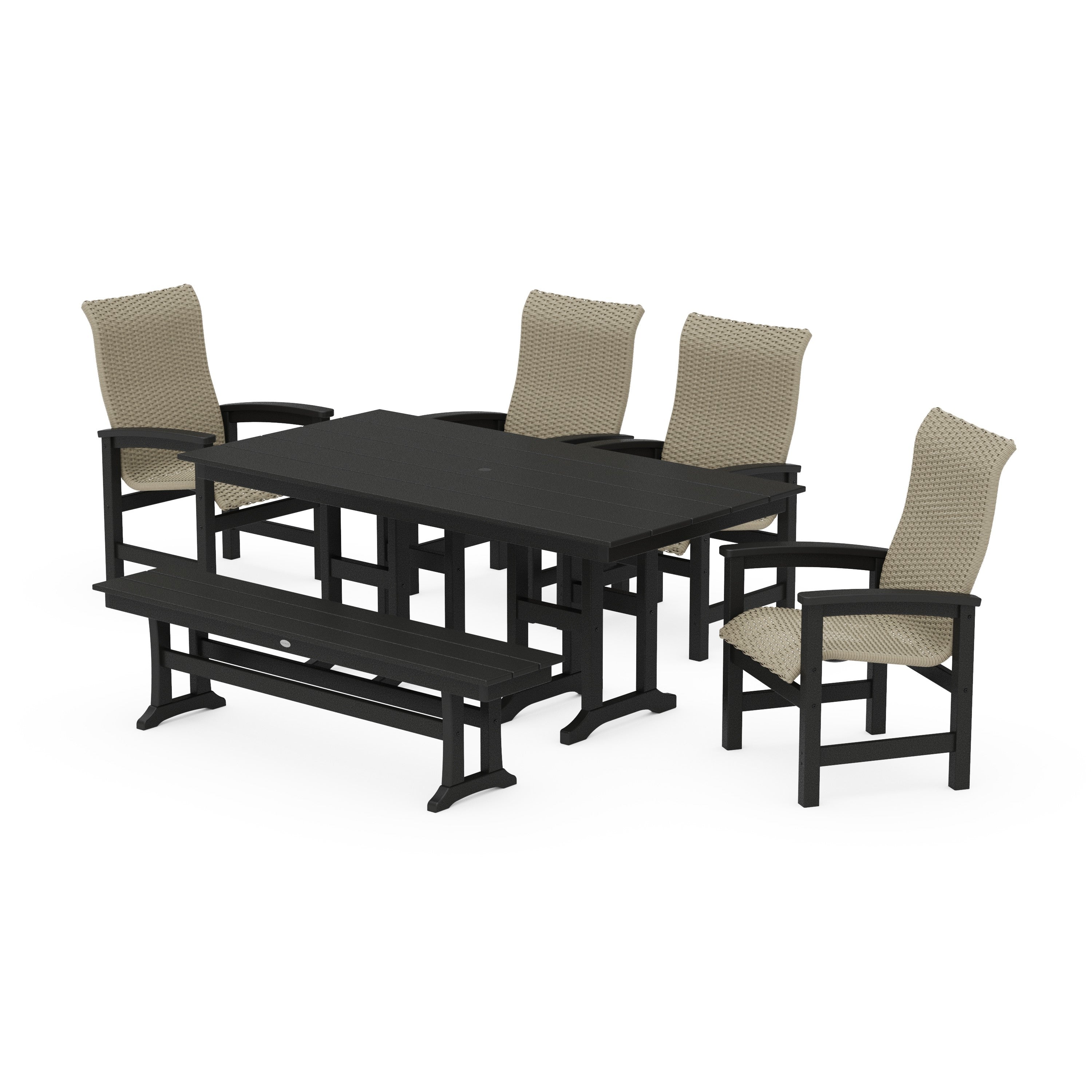Coastal Woven High-Back 6-Piece Farmhouse Dining Set with Bench
