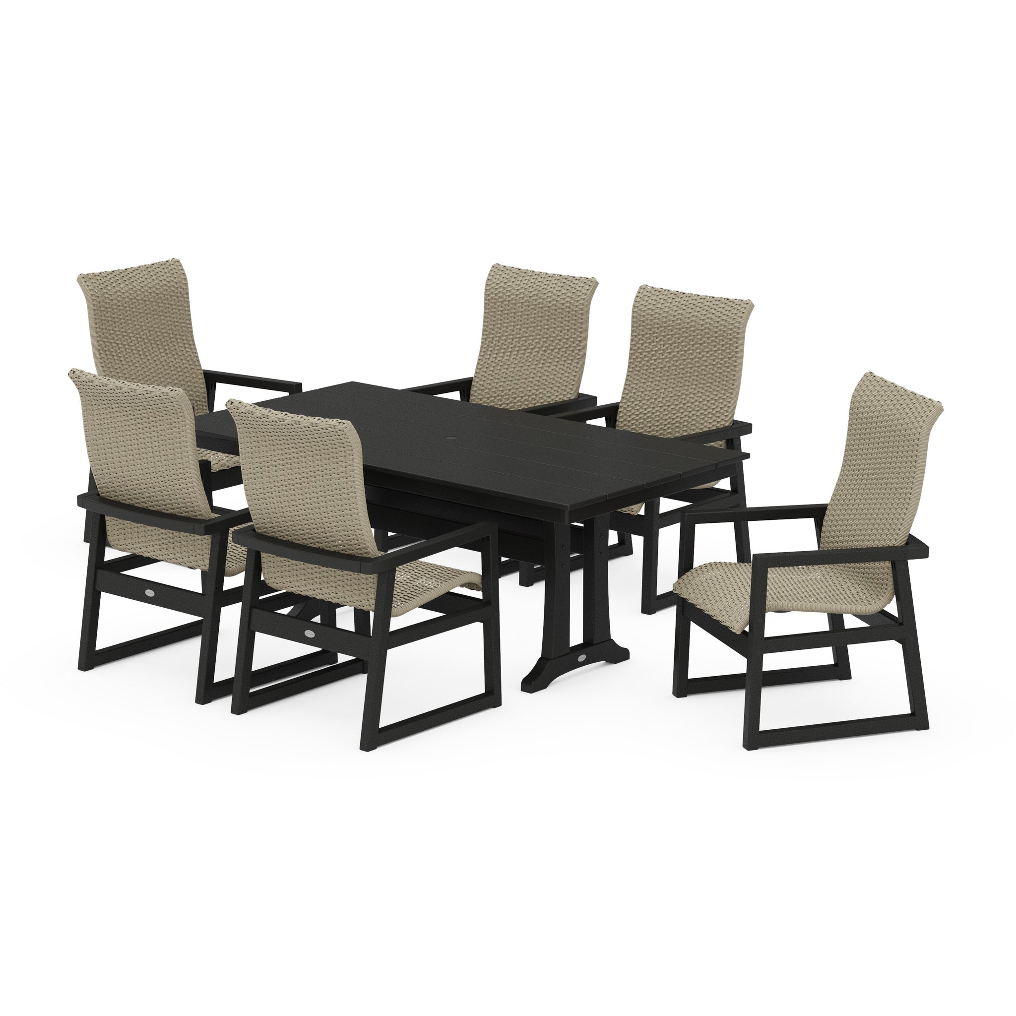 EDGE Woven Highback Arm Chair 7-Piece Farmhouse Dining Set with Trestle Legs