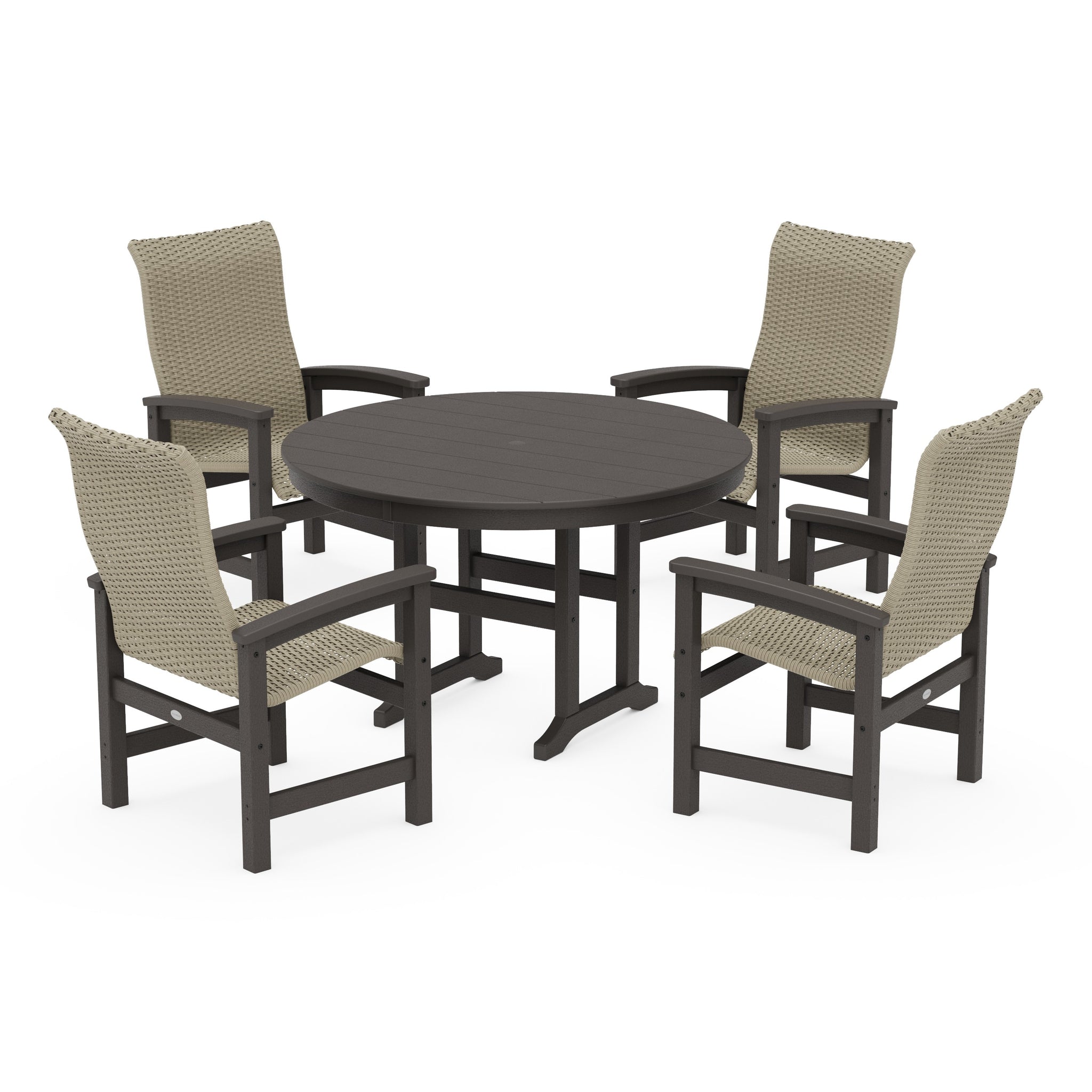 Coastal Woven High-Back 5-Piece Round Farmhouse Dining Set