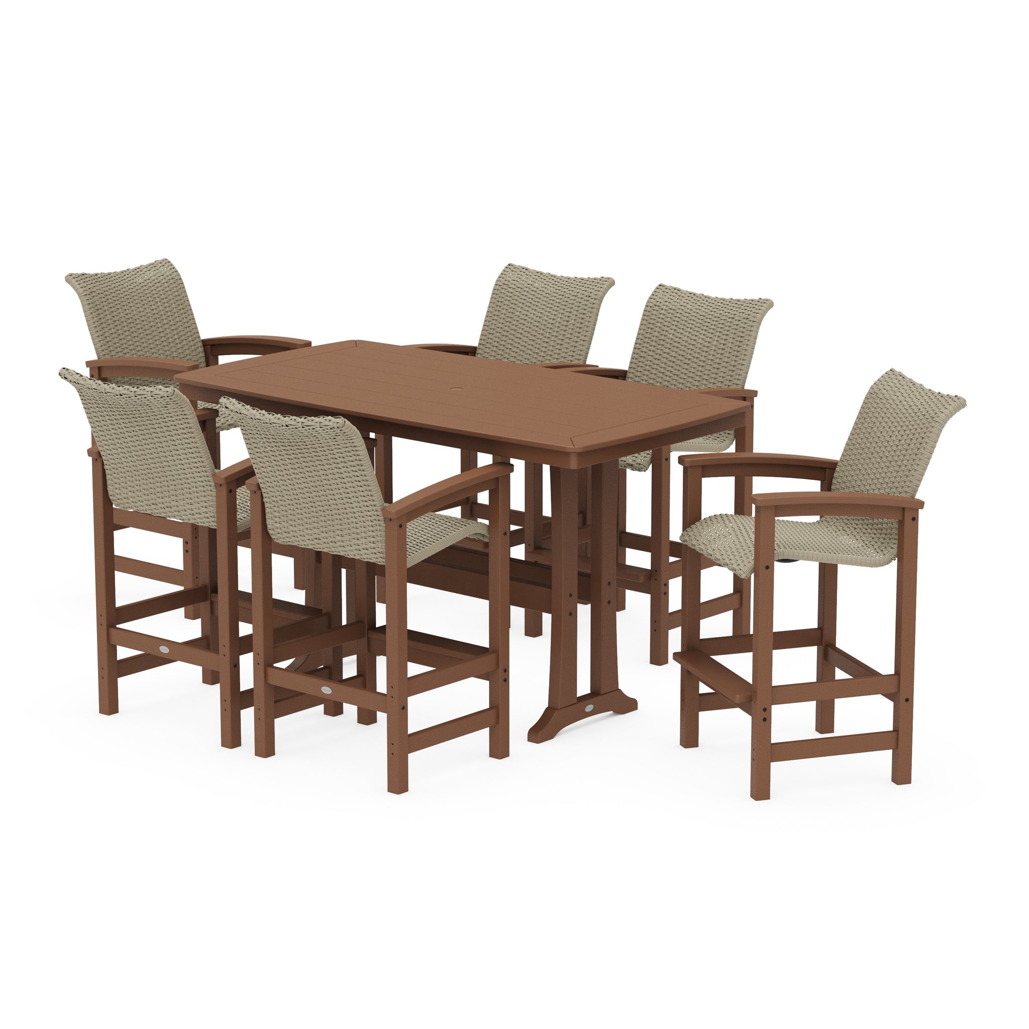 Coastal Woven Arm Chair 7-Piece Bar Set with Trestle Legs