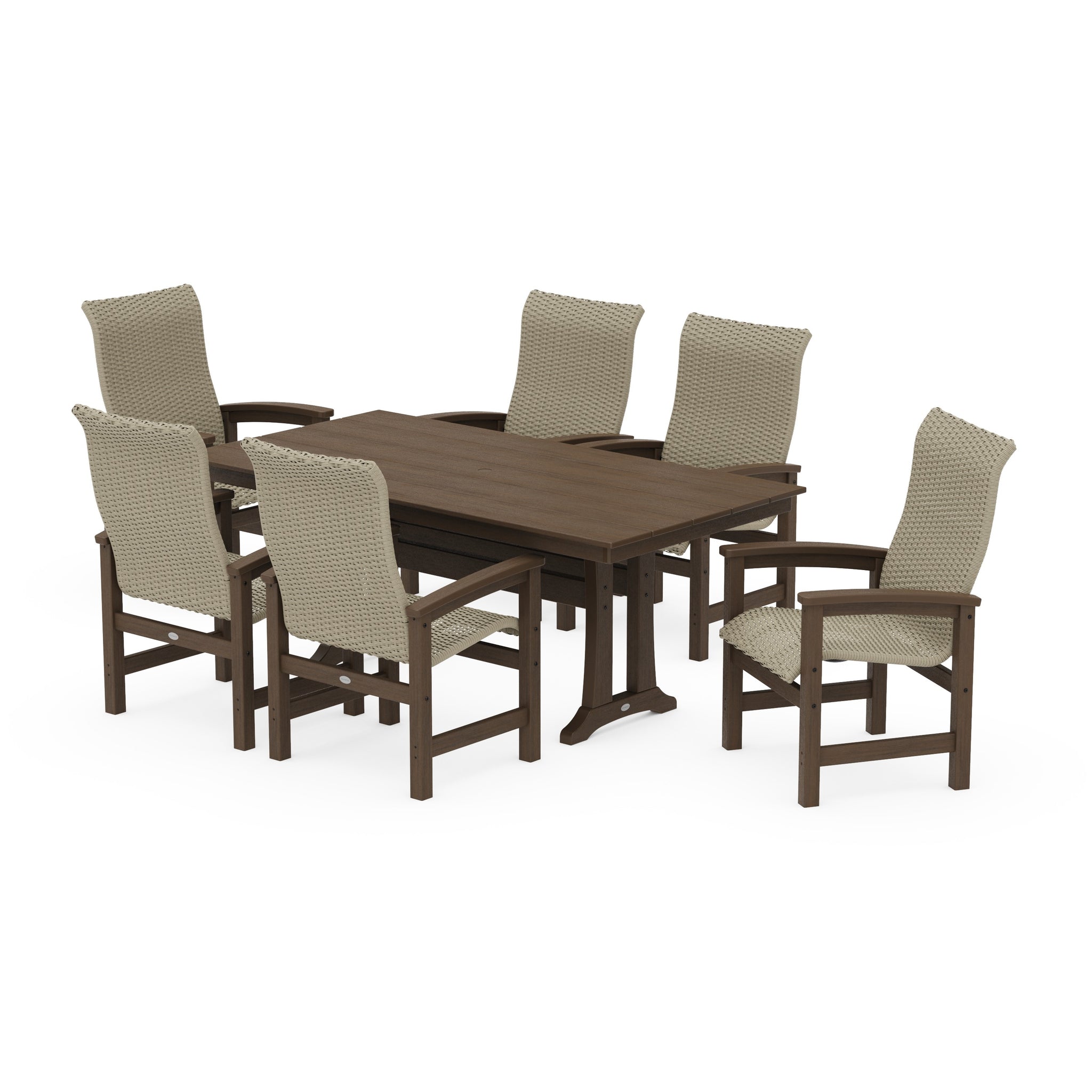 Coastal Woven High-Back Arm Chair 7-Piece Farmhouse Dining Set with Trestle Legs