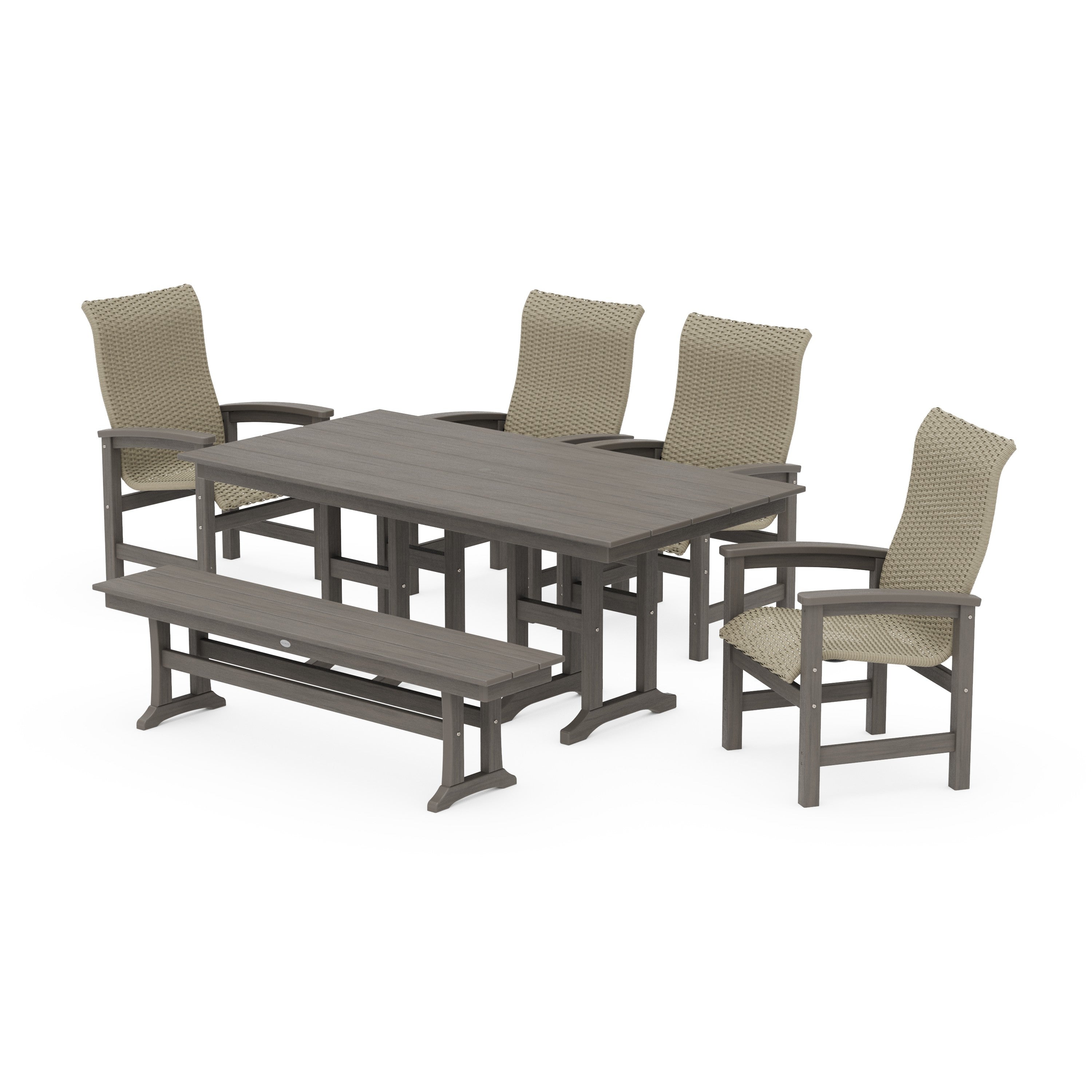 Coastal Woven High-Back 6-Piece Farmhouse Dining Set with Bench