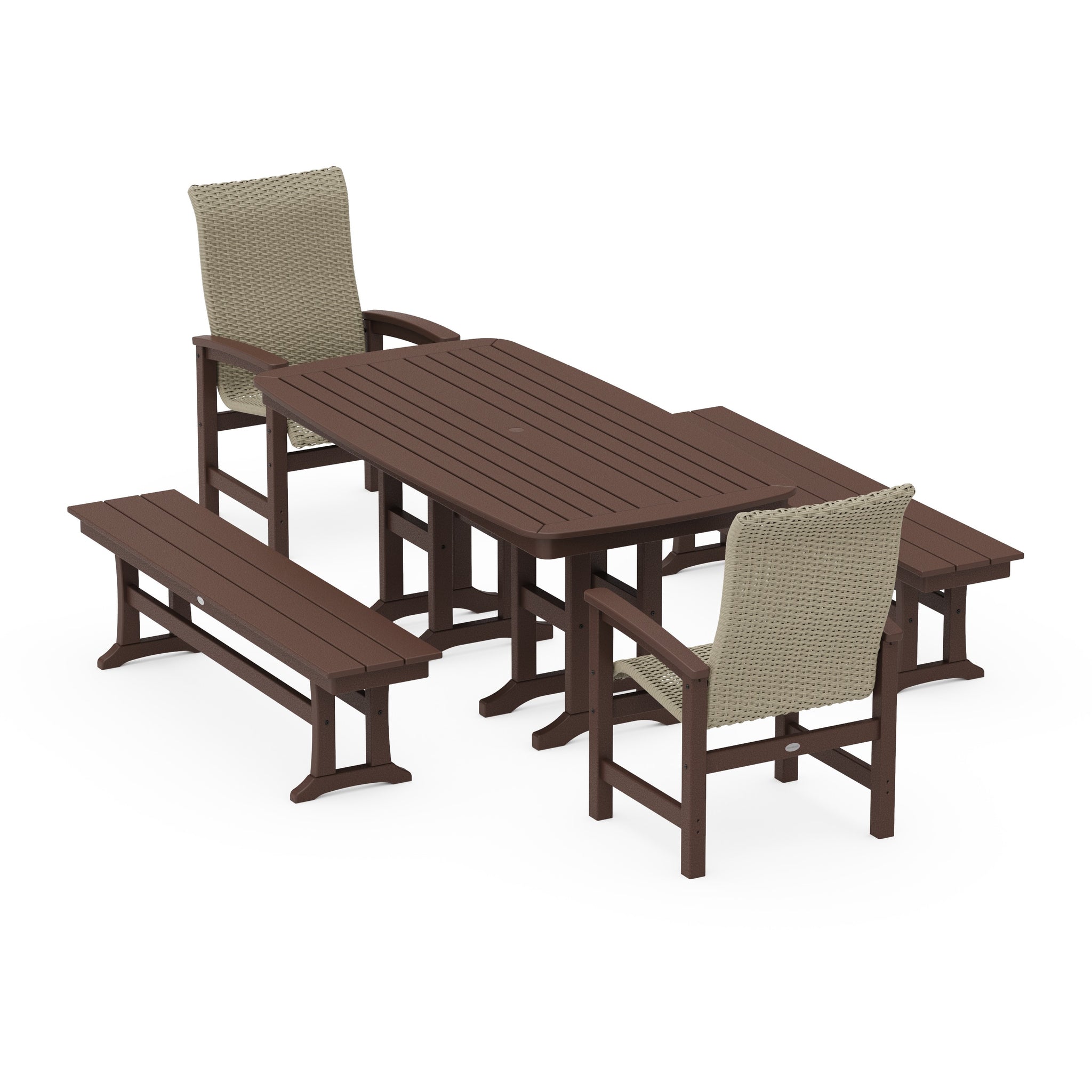Coastal Woven High-Back 5-Piece Dining Set with Benches