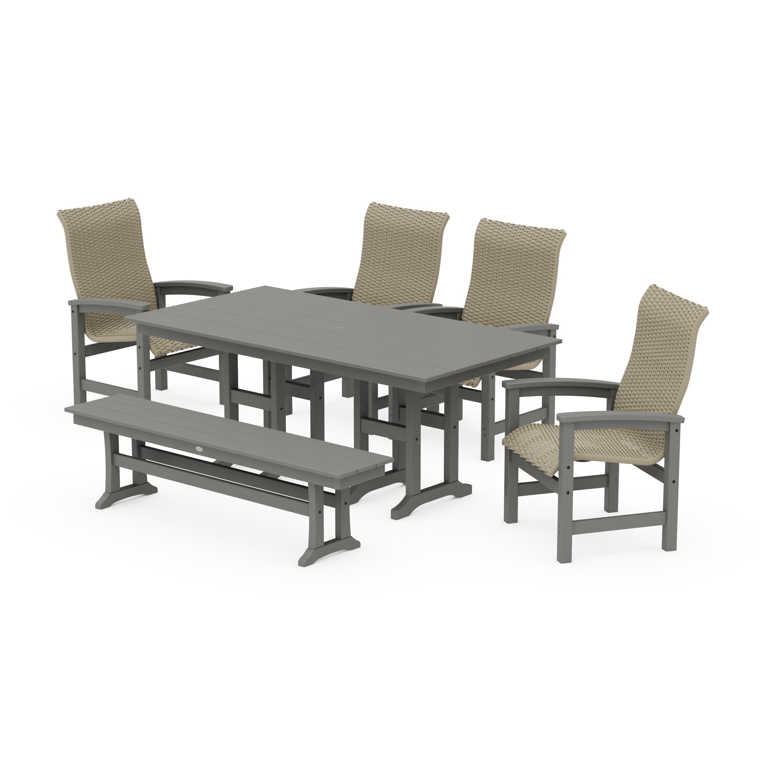 Coastal Woven High-Back 6-Piece Farmhouse Dining Set with Bench