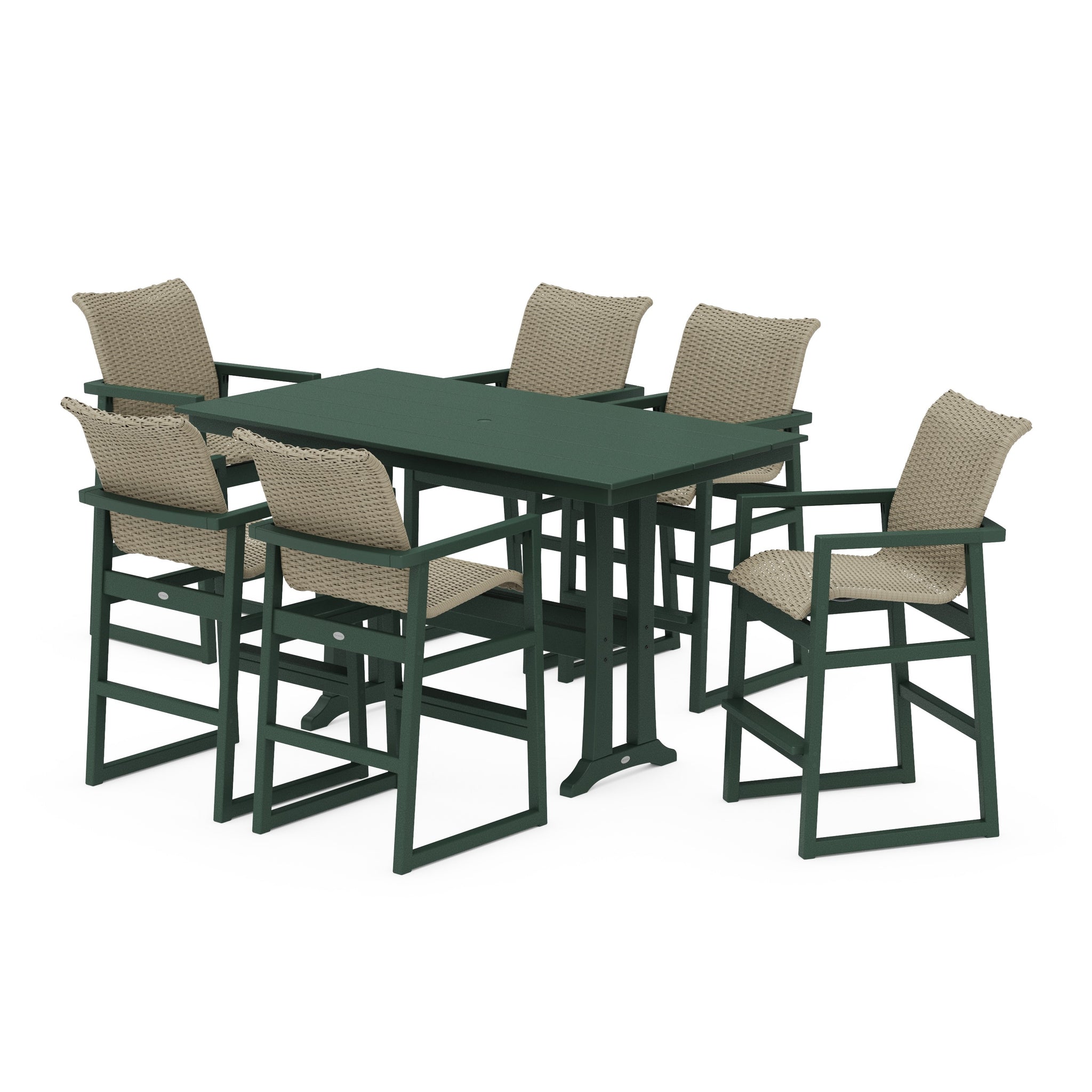 EDGE Woven Arm Chair 7-Piece Farmhouse Bar Set with Trestle Legs