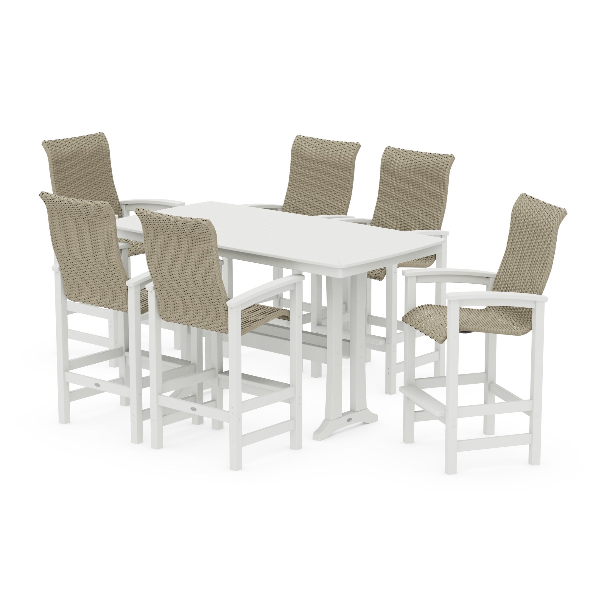 Coastal Woven High-Back Arm Chair 7-Piece Bar Set with Trestle Legs