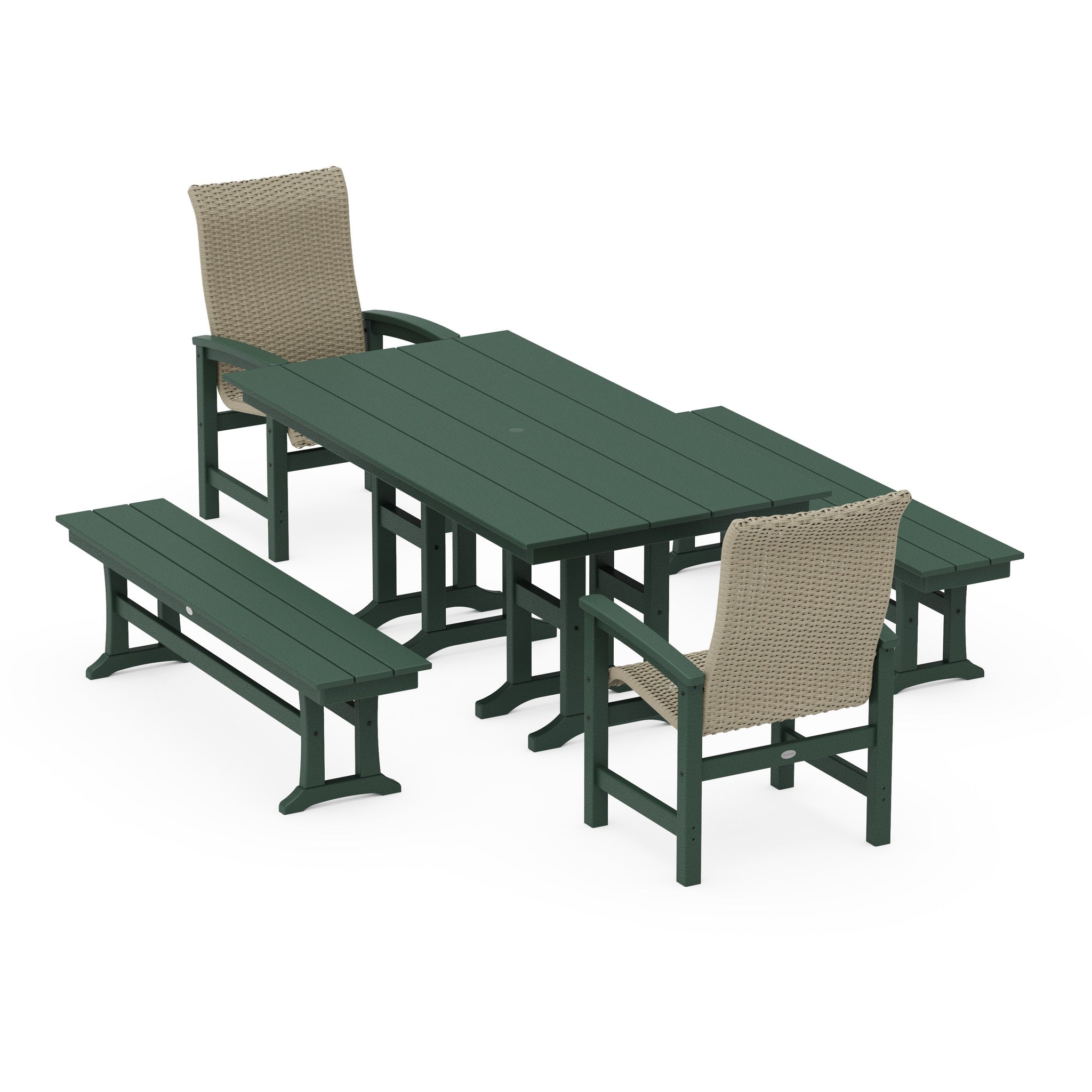 Coastal Woven High-Back 5-Piece Farmhouse Dining Set with Benches