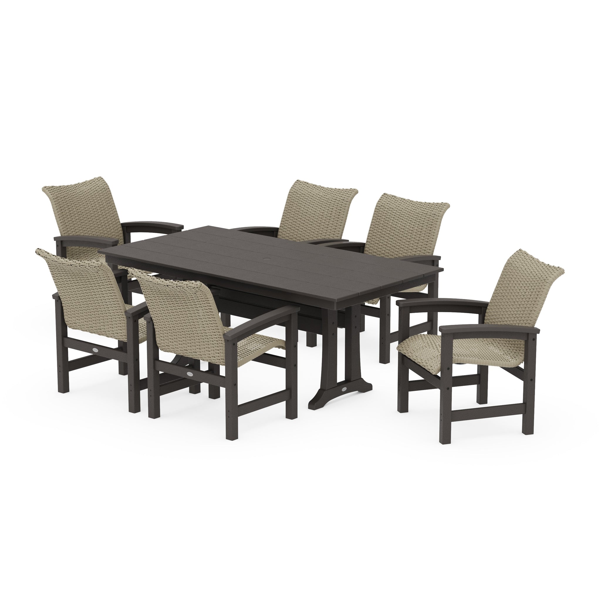 Coastal Woven Arm Chair 7-Piece Farmhouse Dining Set with Trestle Legs
