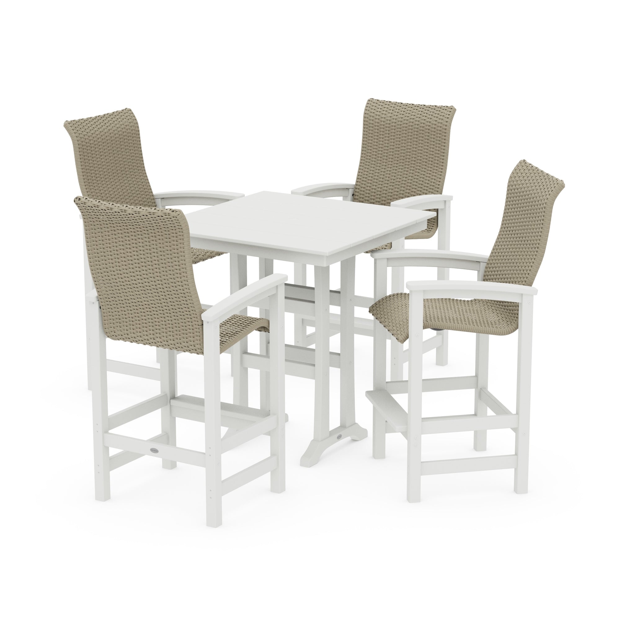 Coastal Woven High-Back 5-Piece Farmhouse Bar Set with Trestle Legs