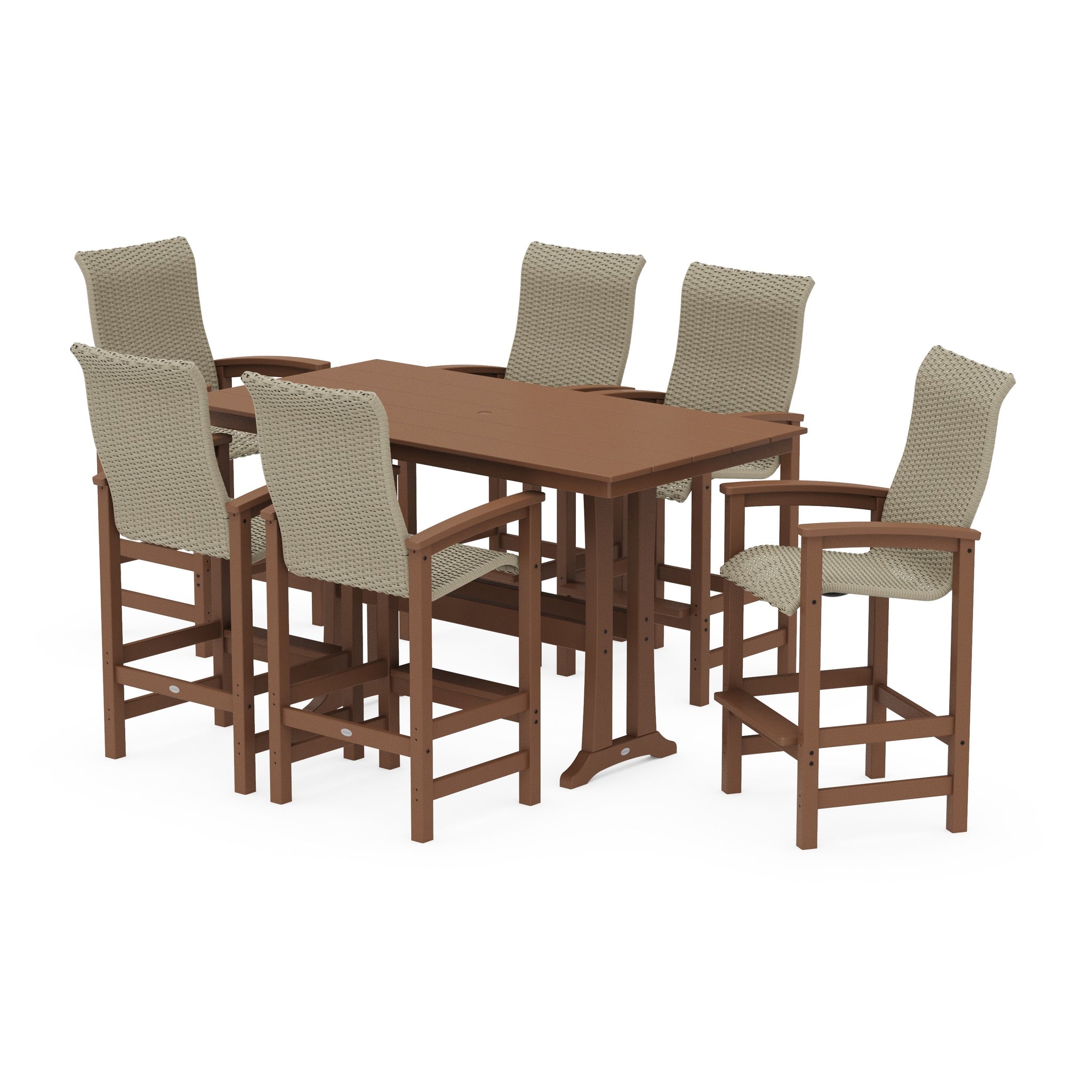 Coastal Woven High-Back Arm Chair 7-Piece Farmhouse Bar Set with Trestle Legs