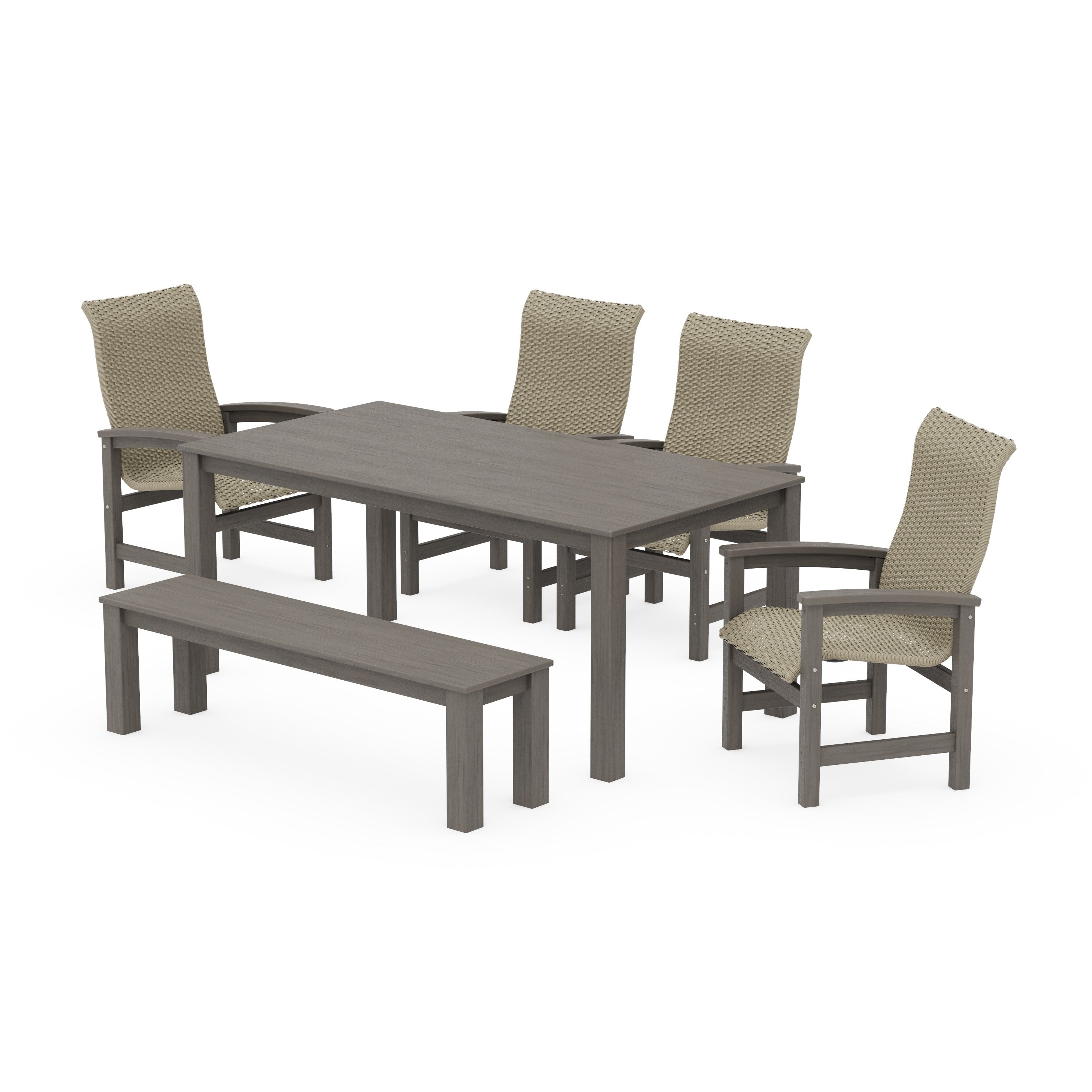 Coastal Woven High-Back 6-Piece Parsons Dining Set with Bench