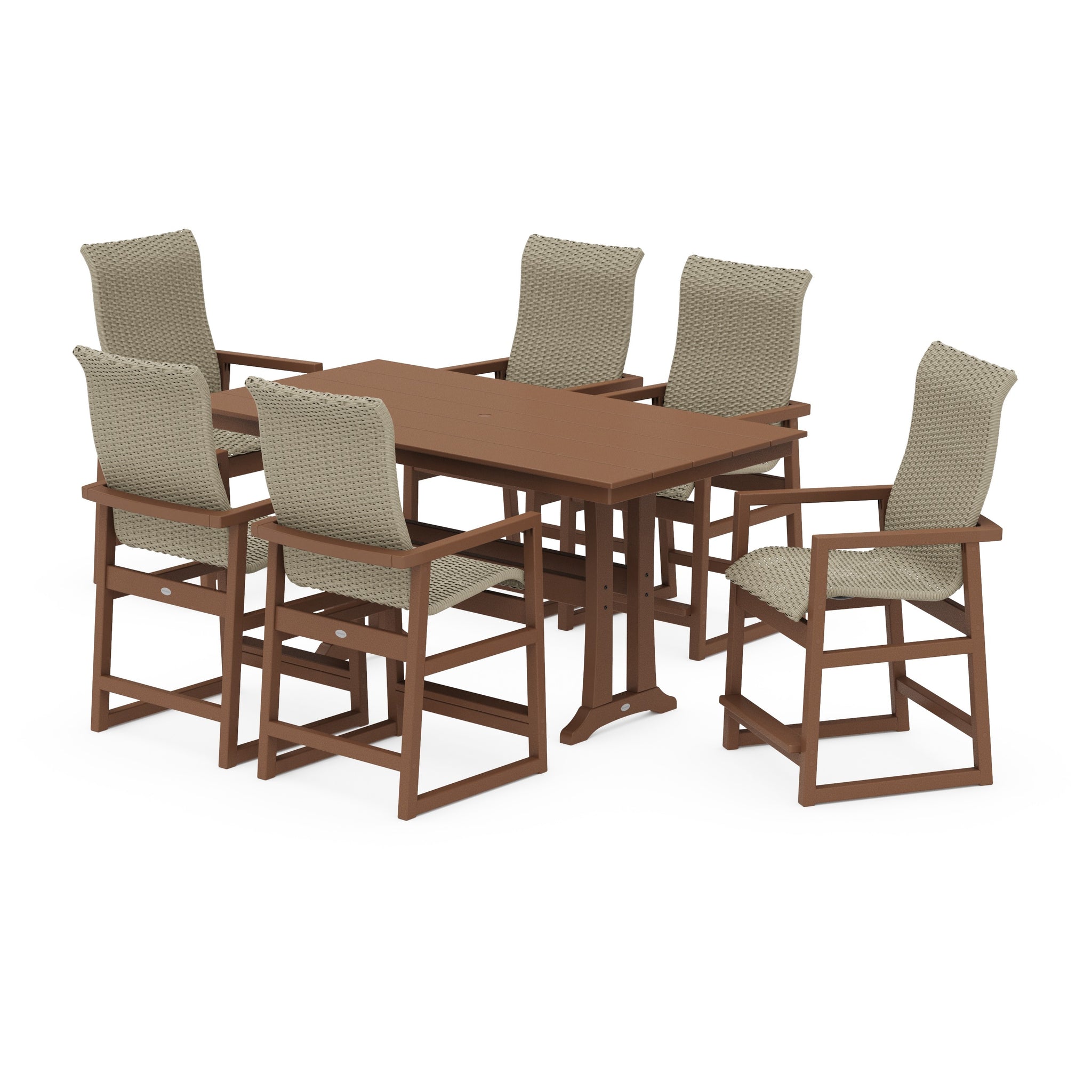EDGE Woven Highback Arm Chair 7-Piece Farmhouse Counter Set with Trestle Legs