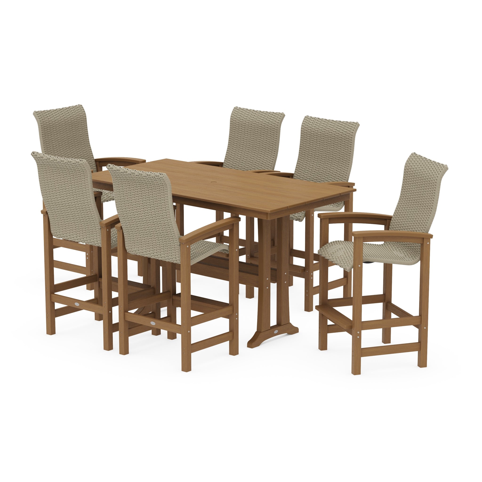 Coastal Woven High-Back Arm Chair 7-Piece Farmhouse Bar Set with Trestle Legs