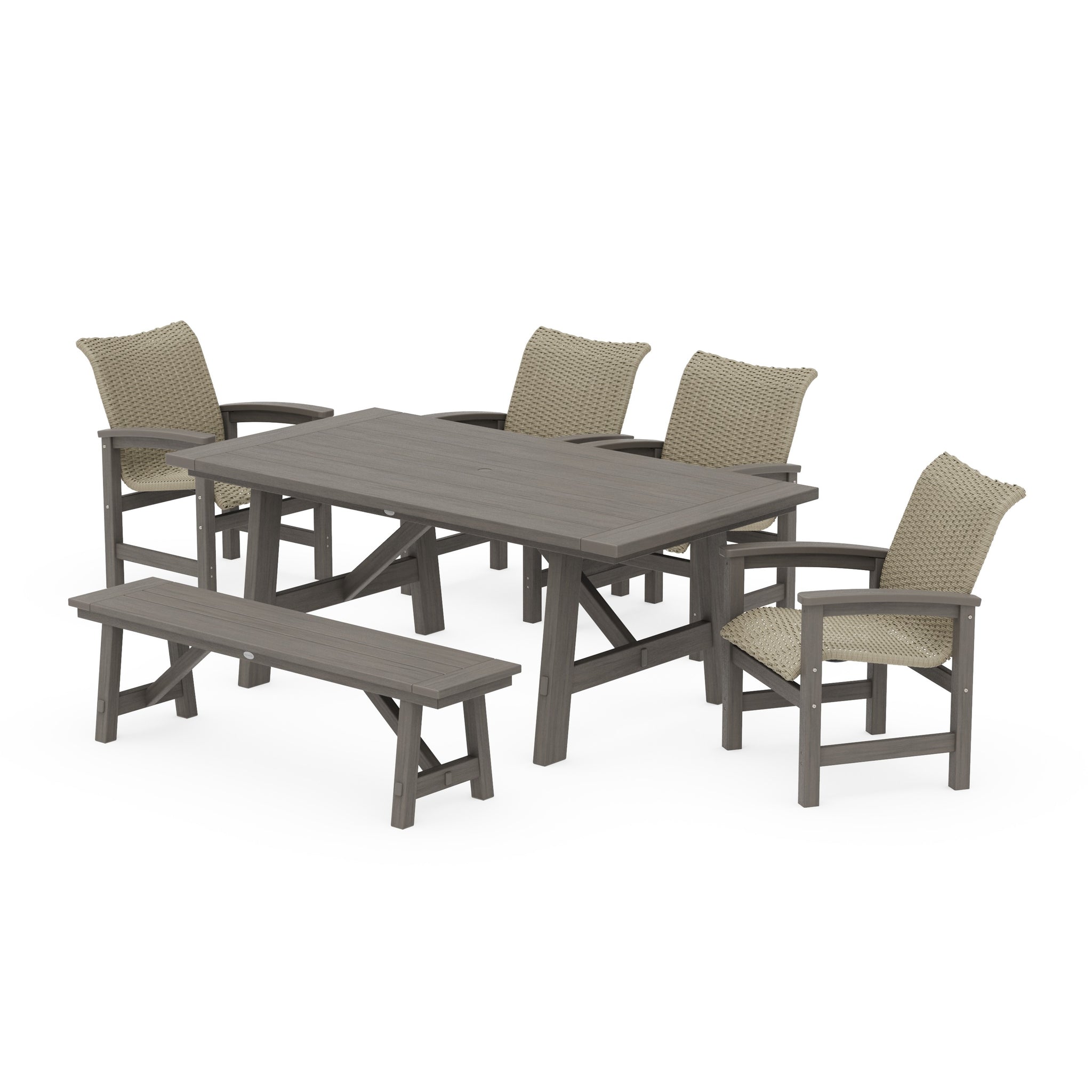 Coastal Woven 6-Piece Rustic Farmhouse Dining Set with Bench