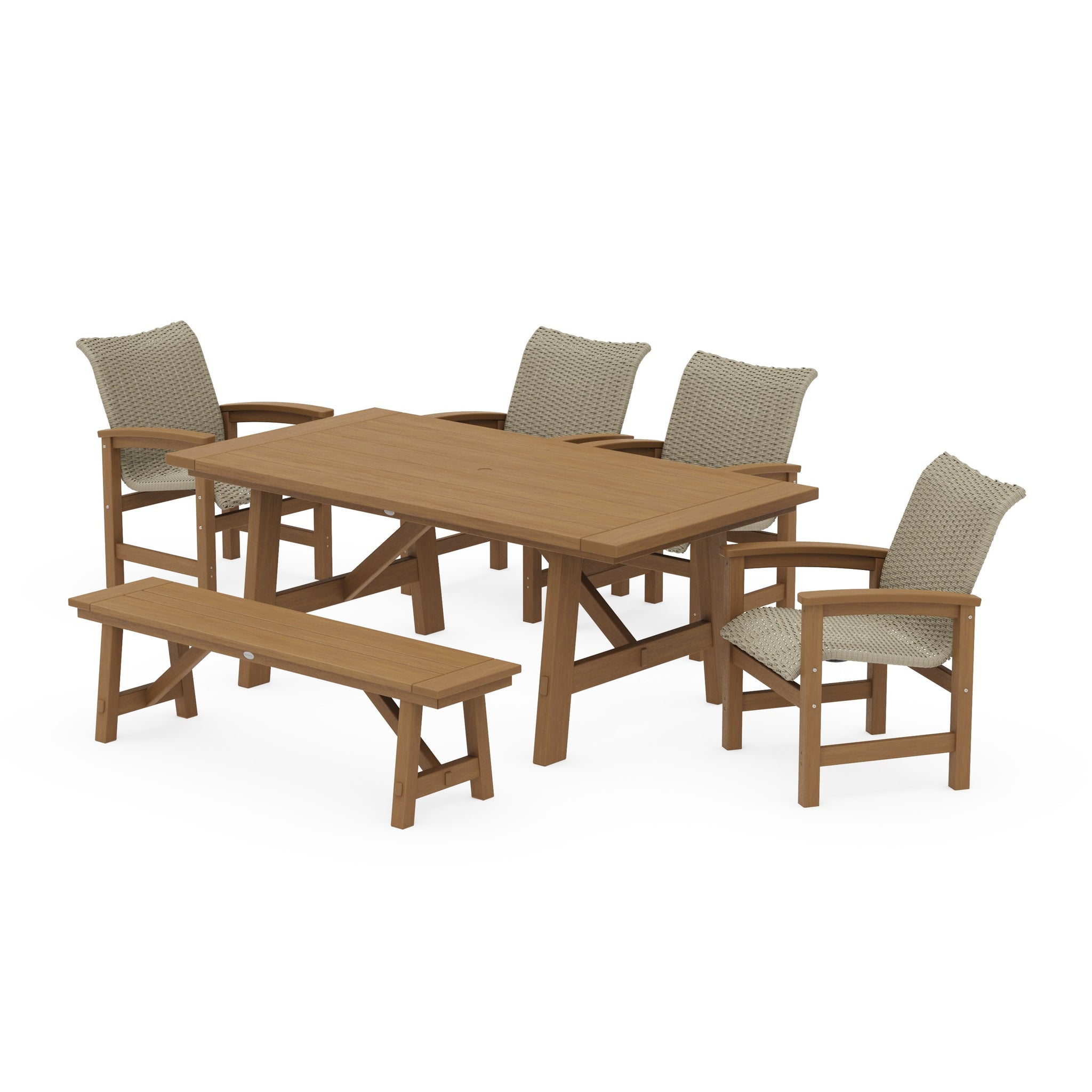 Coastal Woven 6-Piece Rustic Farmhouse Dining Set with Bench