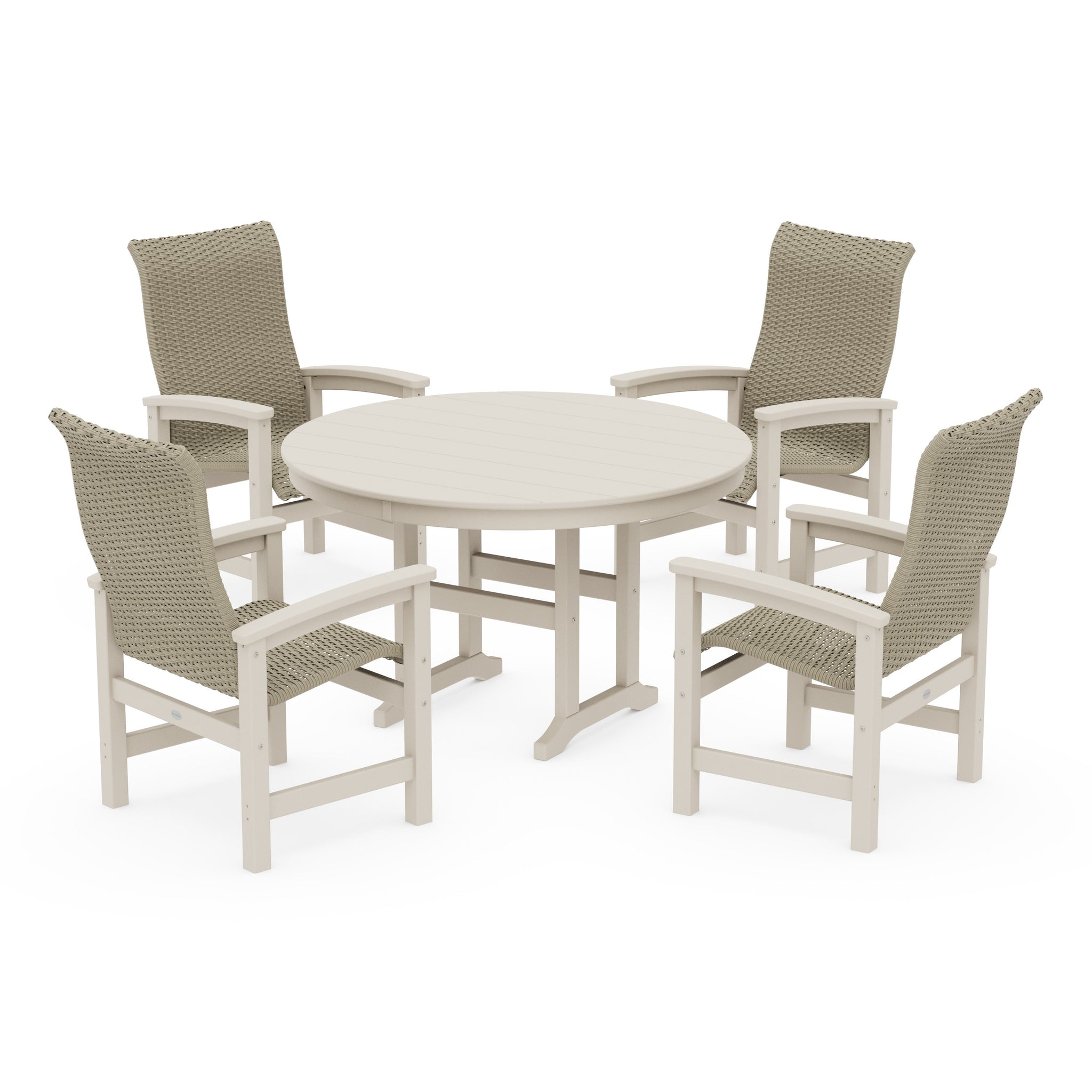 Coastal Woven High-Back 5-Piece Round Farmhouse Dining Set