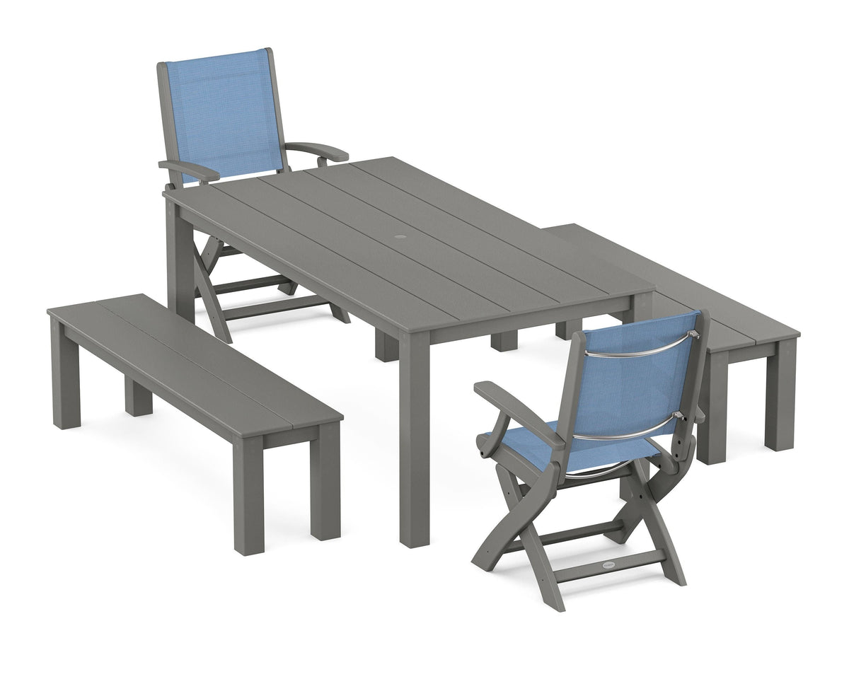 Coastal Folding Chair 5-Piece Parsons Dining Set with Benches