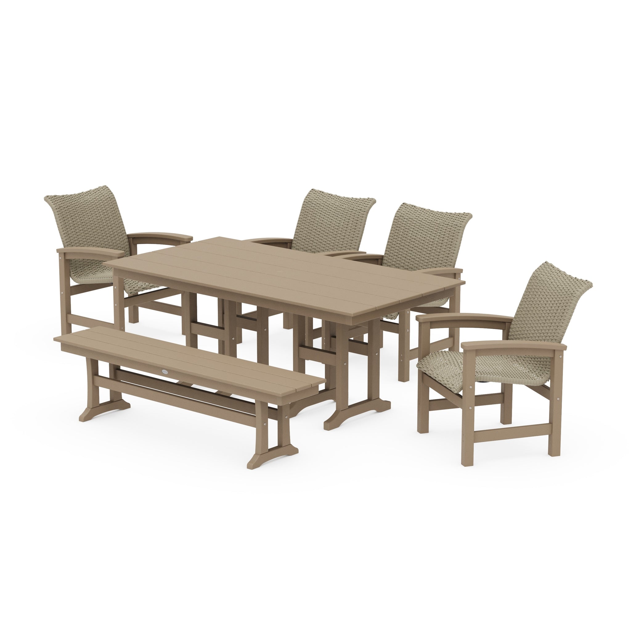 Coastal Woven 6-Piece Farmhouse Dining Set with Bench