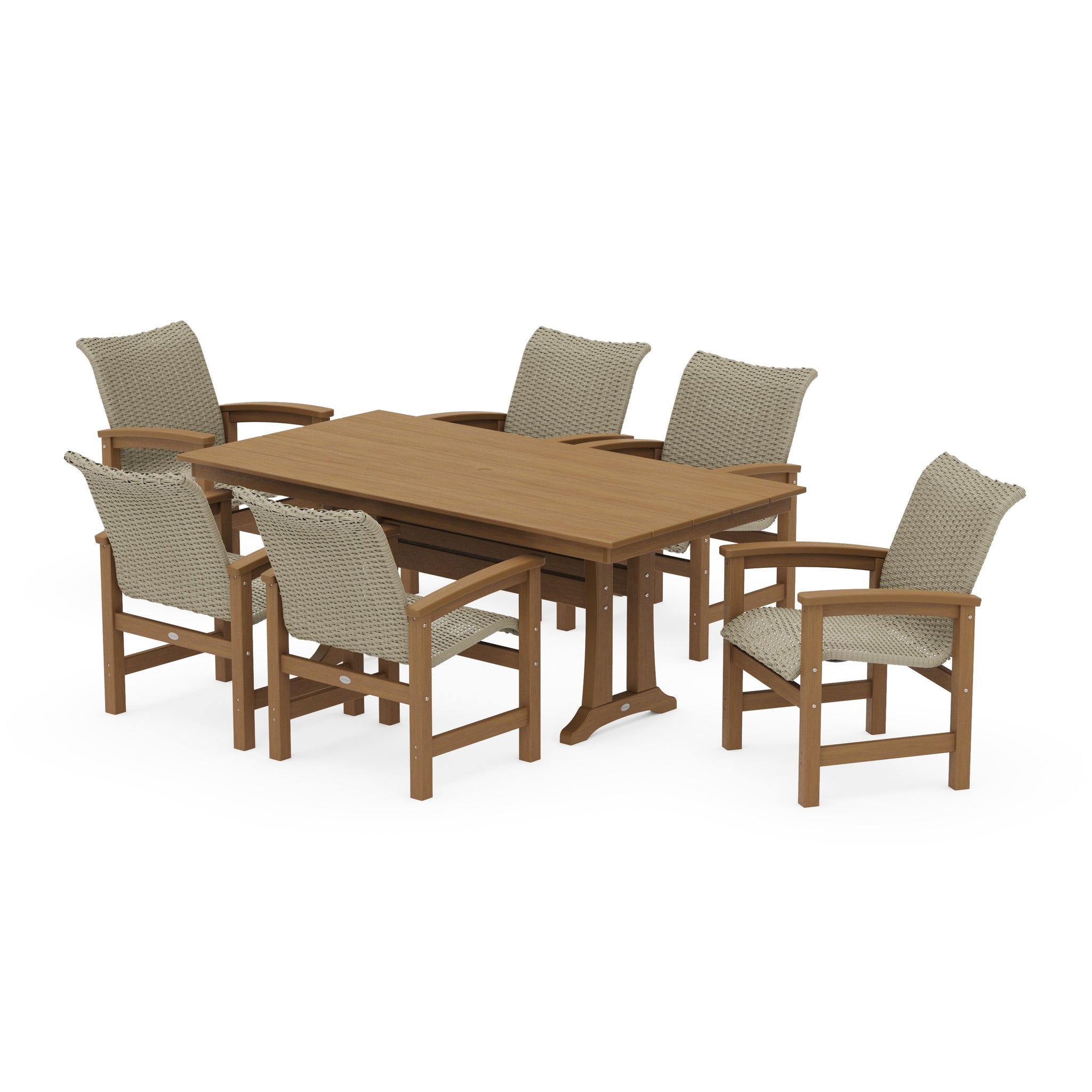 Coastal Woven Arm Chair 7-Piece Farmhouse Dining Set with Trestle Legs