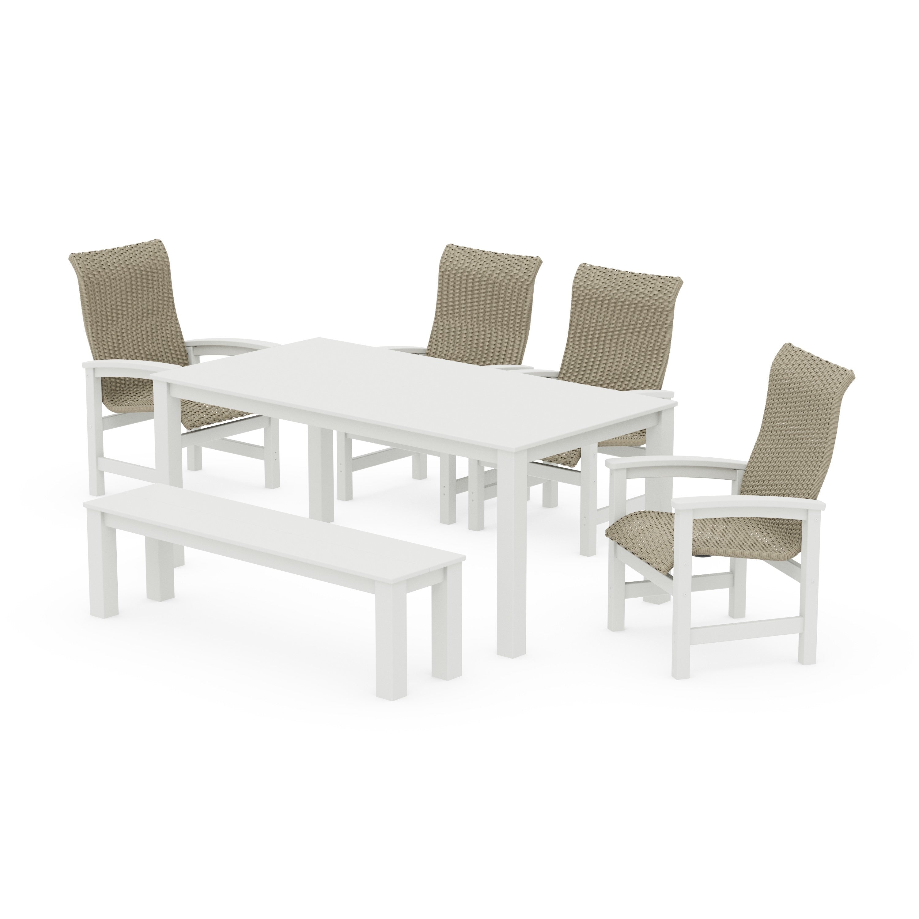 Coastal Woven High-Back 6-Piece Parsons Dining Set with Bench