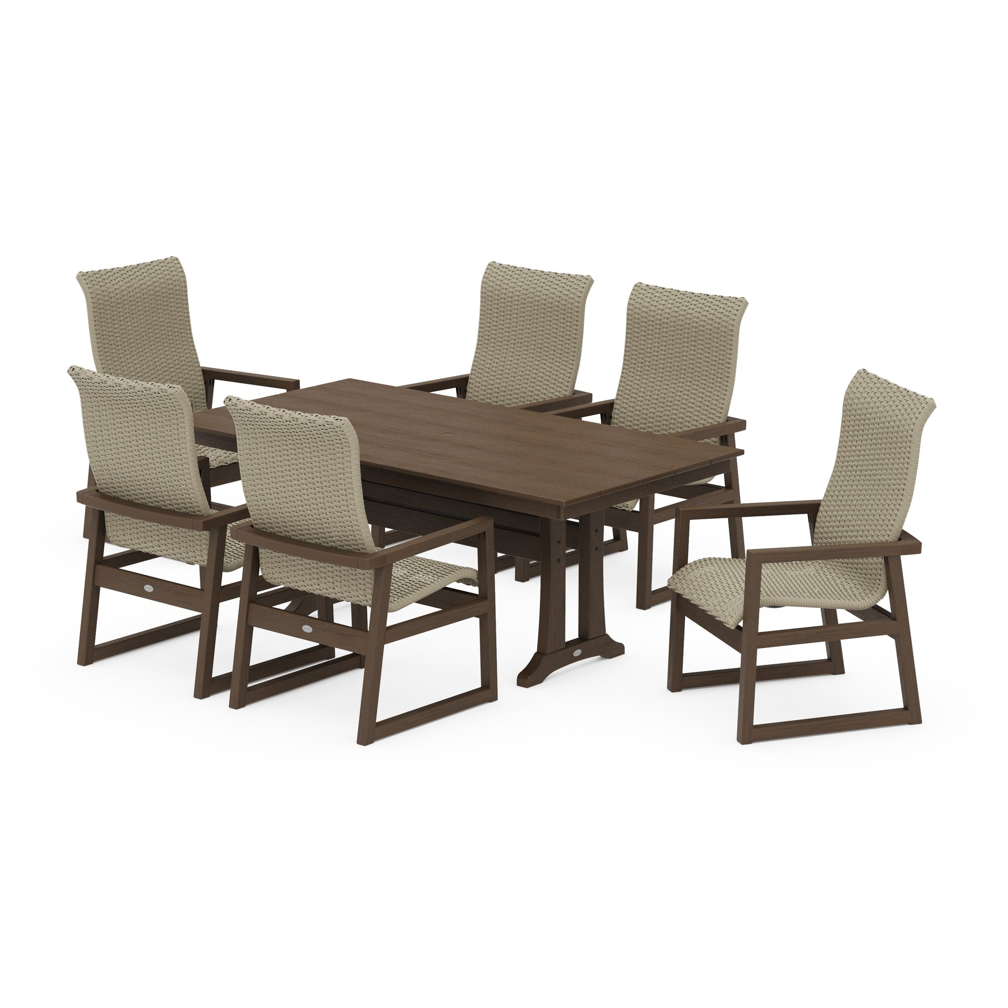 EDGE Woven Highback Arm Chair 7-Piece Farmhouse Dining Set with Trestle Legs