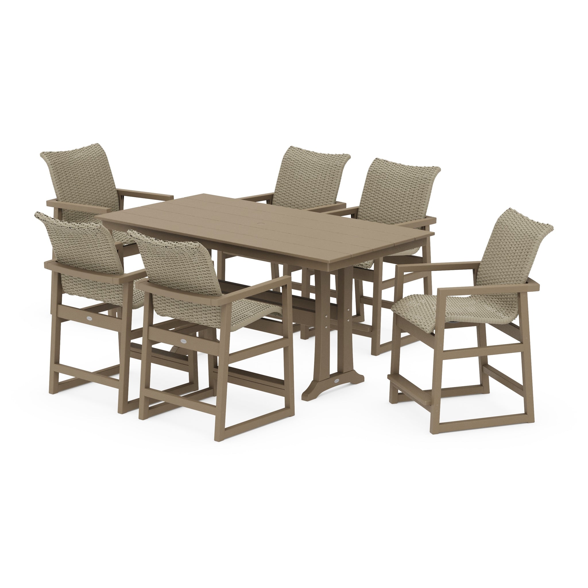 EDGE Woven Arm Chair 7-Piece Farmhouse Counter Set with Trestle Legs