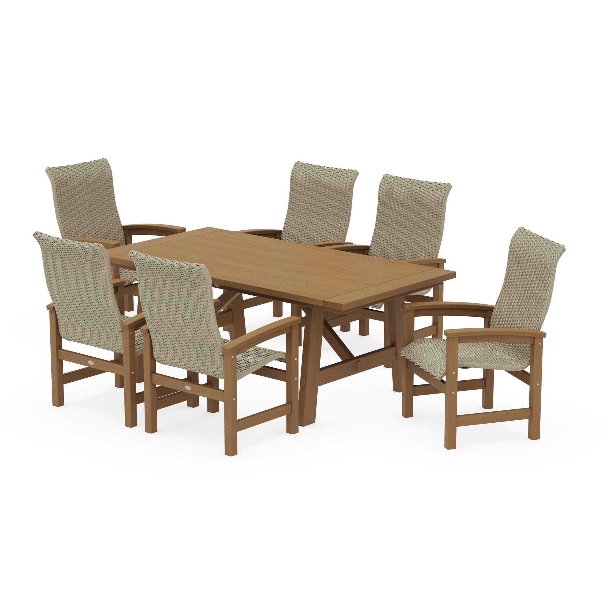 Coastal Woven High-Back Arm Chair 7-Piece Rustic Farmhouse Dining Set
