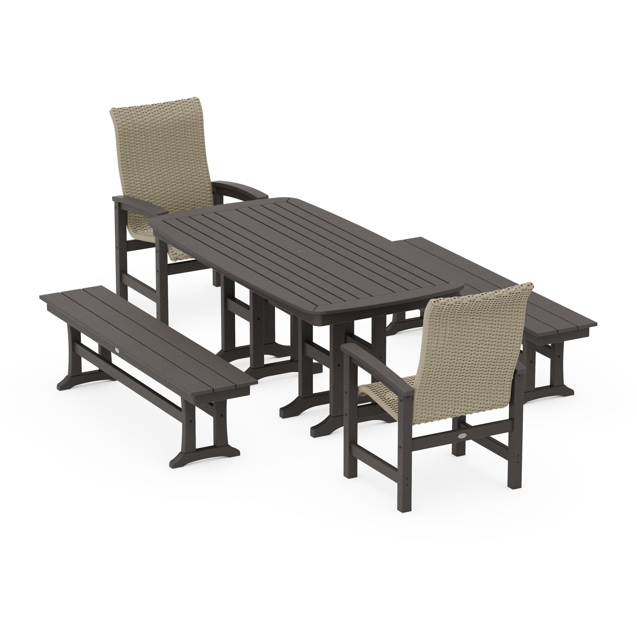 Coastal Woven High-Back 5-Piece Dining Set with Benches