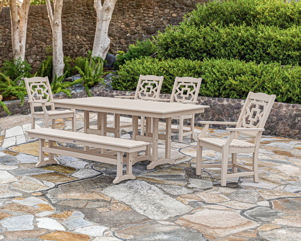 Chinoiserie 6-Piece Farmhouse Dining Set with Bench