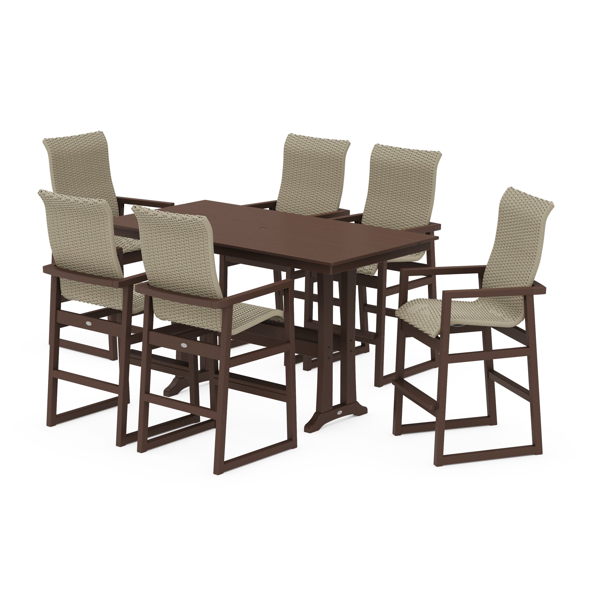 EDGE Woven Highback Arm Chair 7-Piece Farmhouse Bar Set with Trestle Legs