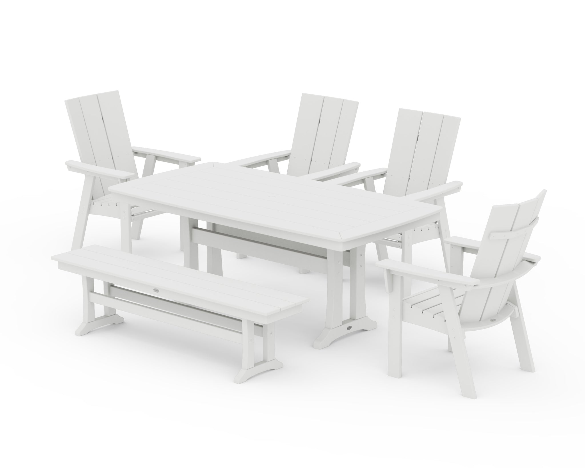 Modern Curveback Adirondack 6-Piece Farmhouse Dining Set with Trestle Legs and Bench