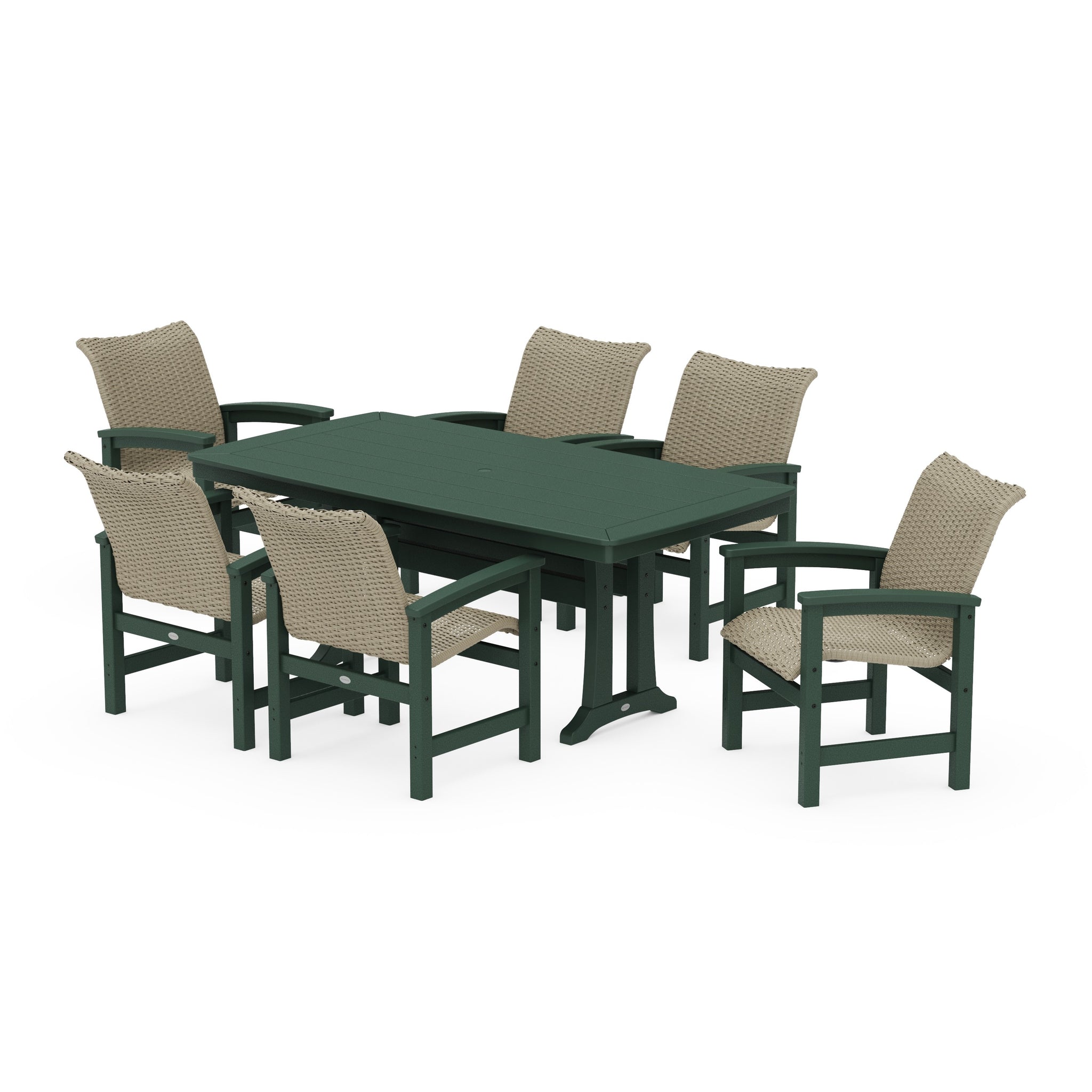 Coastal Woven Arm Chair 7-Piece Dining Set with Trestle Legs