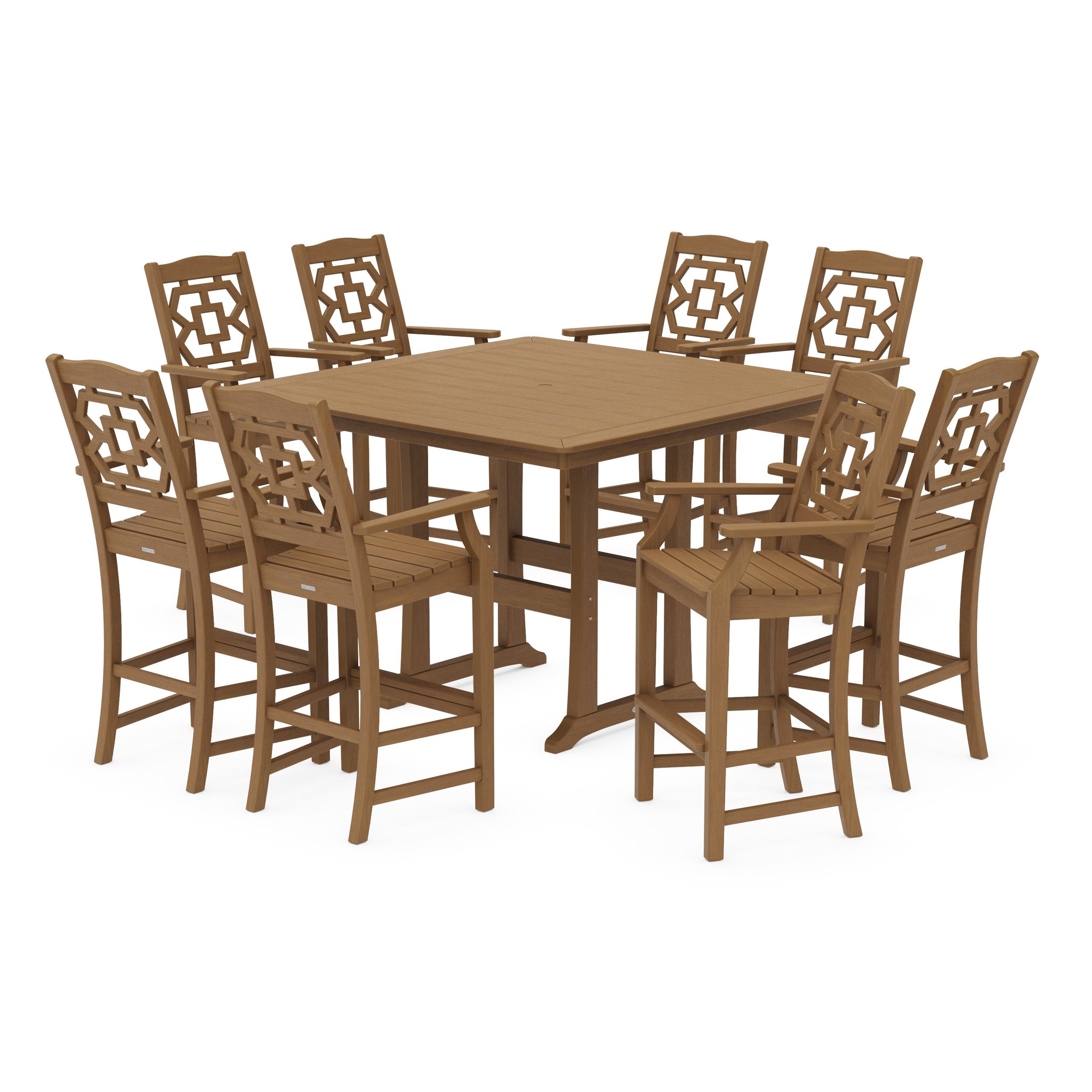 Chinoiserie 9-Piece Square Side Chair Bar Set with Trestle Legs