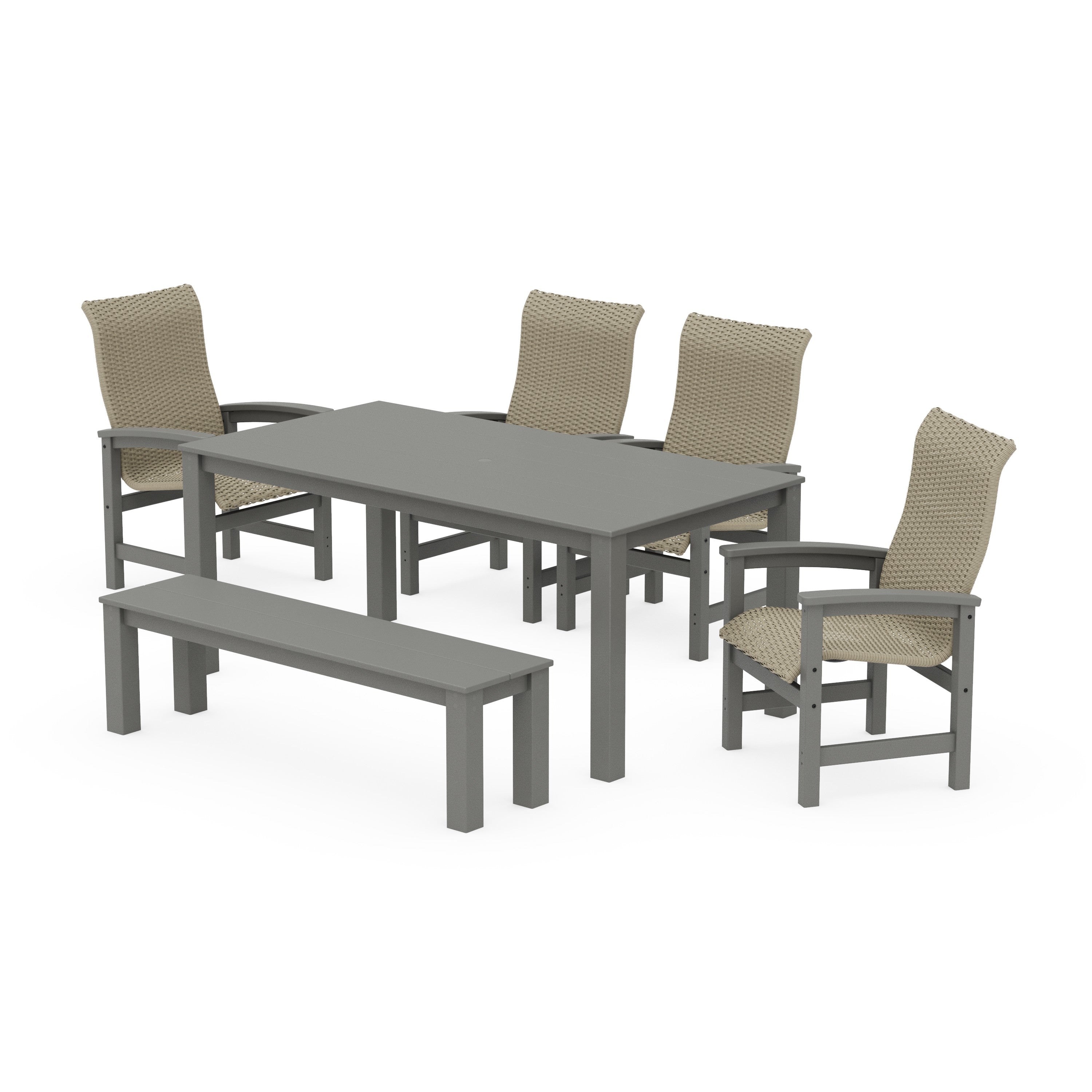 Coastal Woven High-Back 6-Piece Parsons Dining Set with Bench