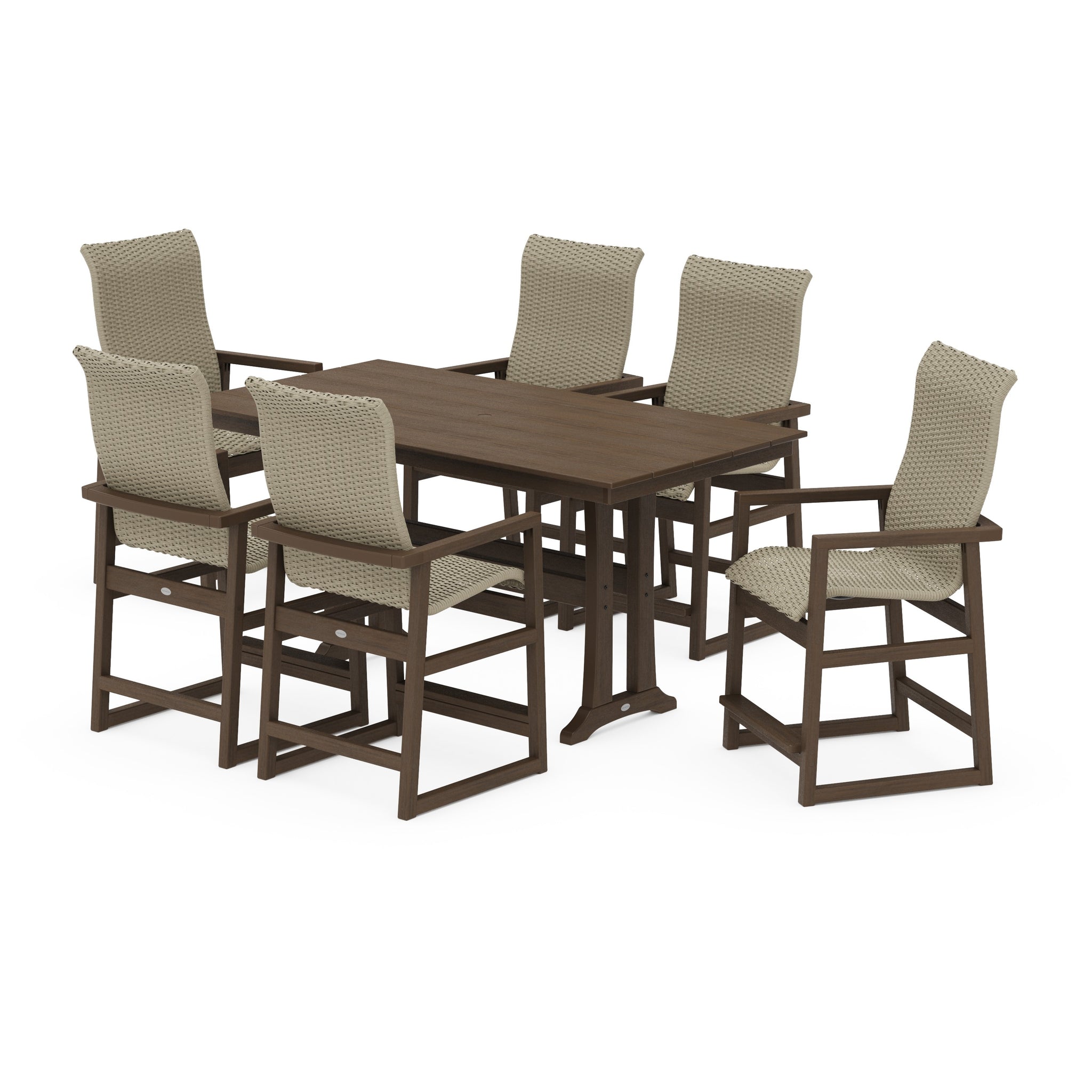 EDGE Woven Highback Arm Chair 7-Piece Farmhouse Counter Set with Trestle Legs