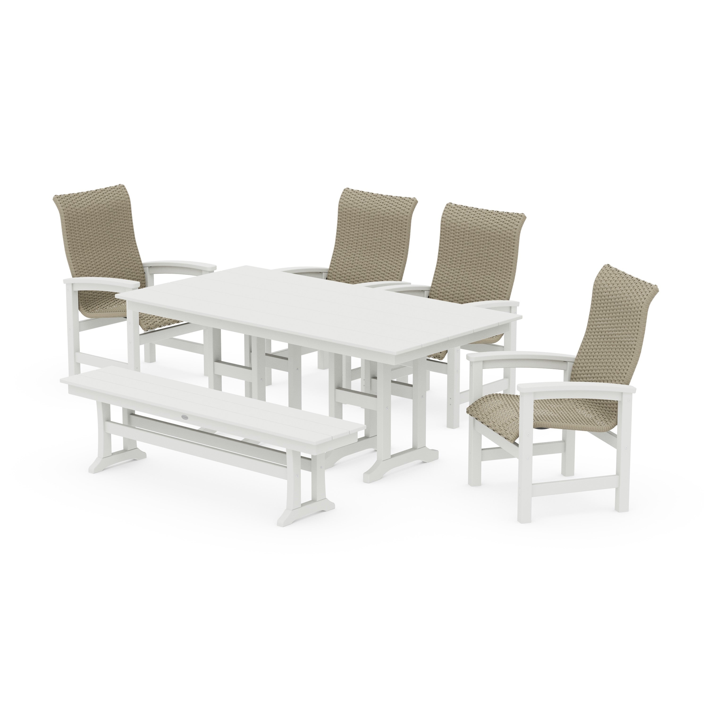 Coastal Woven High-Back 6-Piece Farmhouse Dining Set with Bench