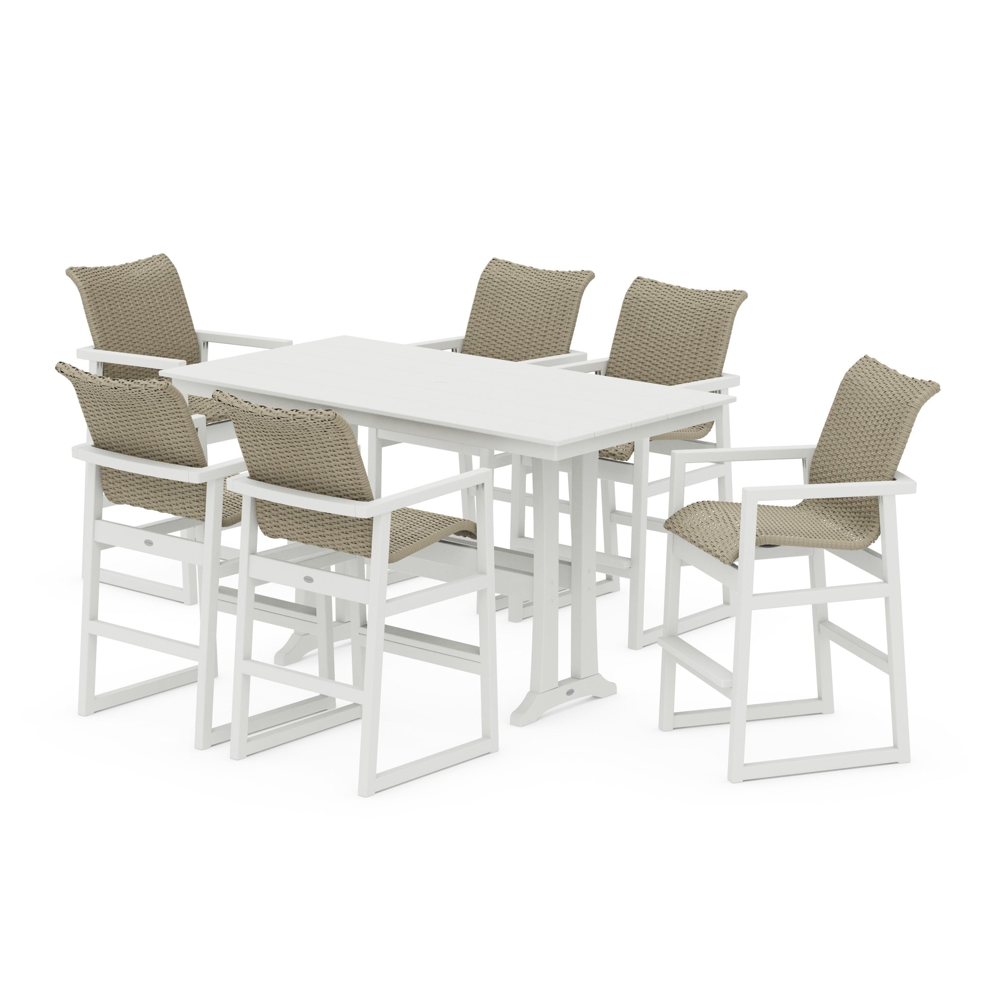EDGE Woven Arm Chair 7-Piece Farmhouse Bar Set with Trestle Legs