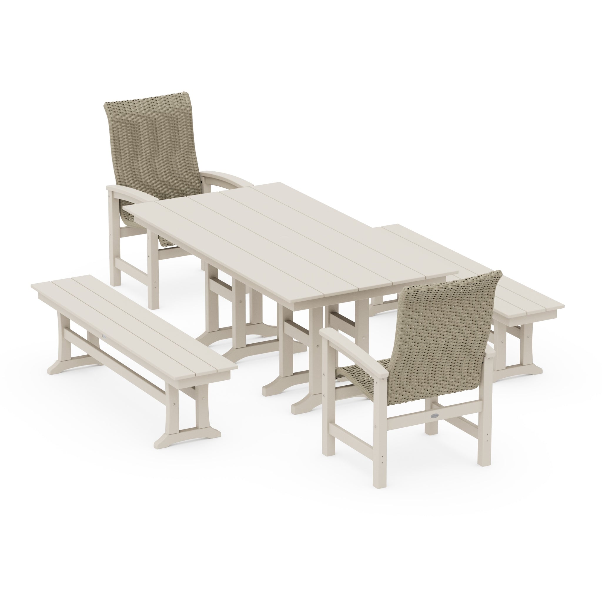 Coastal Woven High-Back 5-Piece Farmhouse Dining Set with Benches