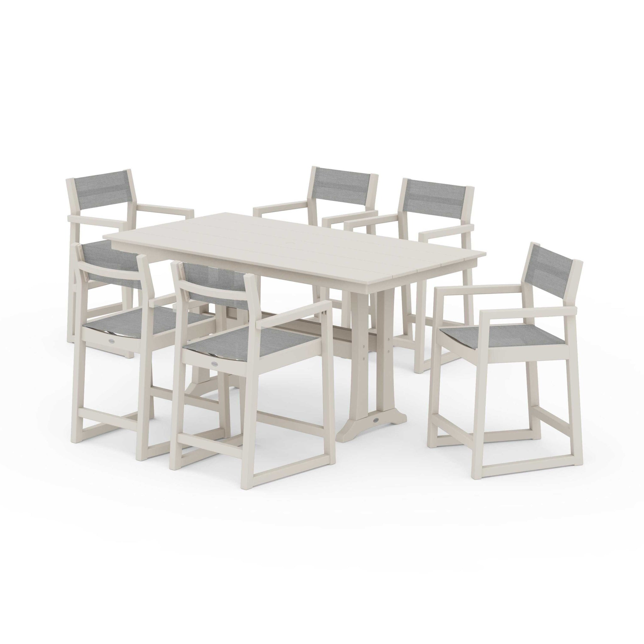 EDGE Sling Arm Chair 7-Piece Farmhouse Counter Set with Trestle Legs