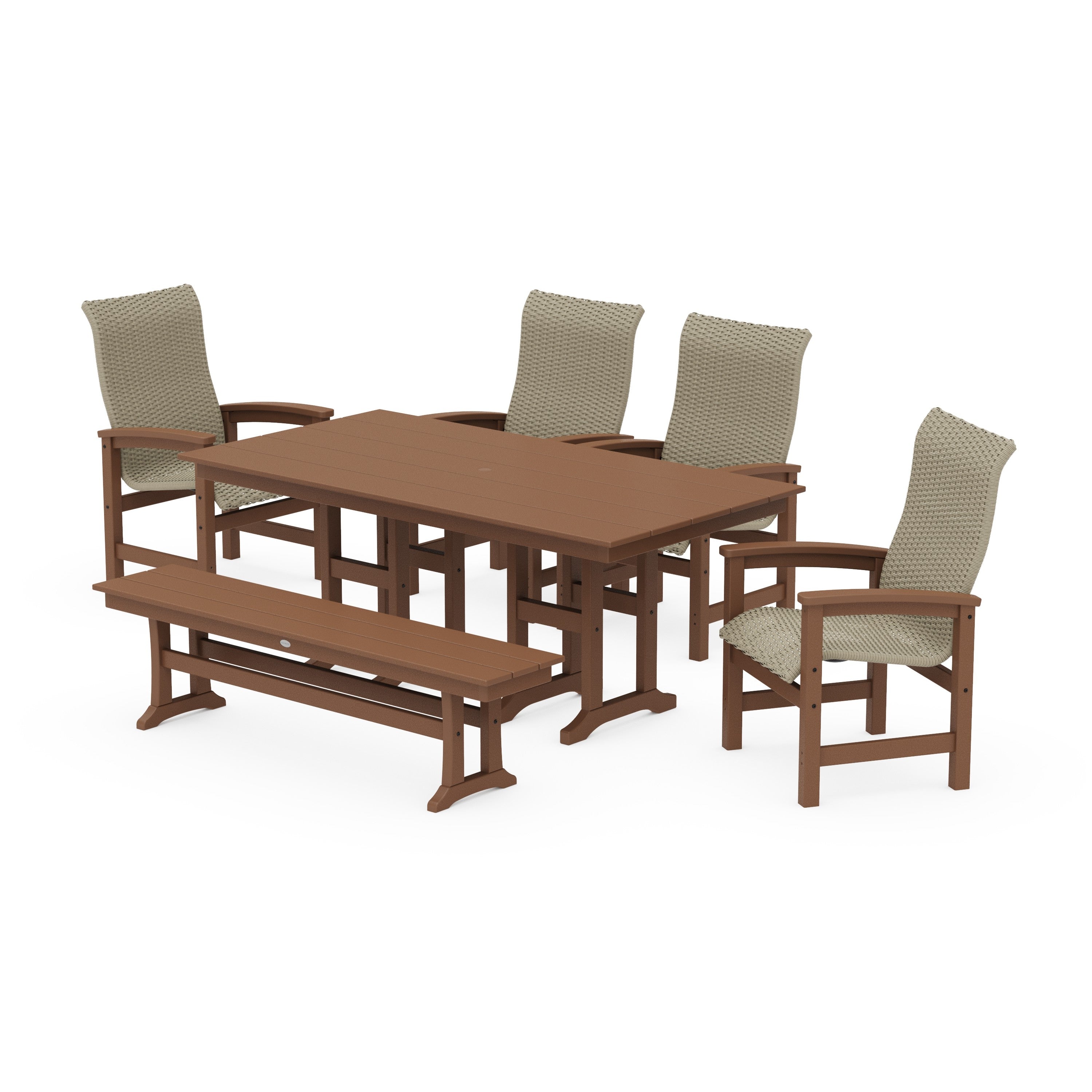 Coastal Woven High-Back 6-Piece Farmhouse Dining Set with Bench