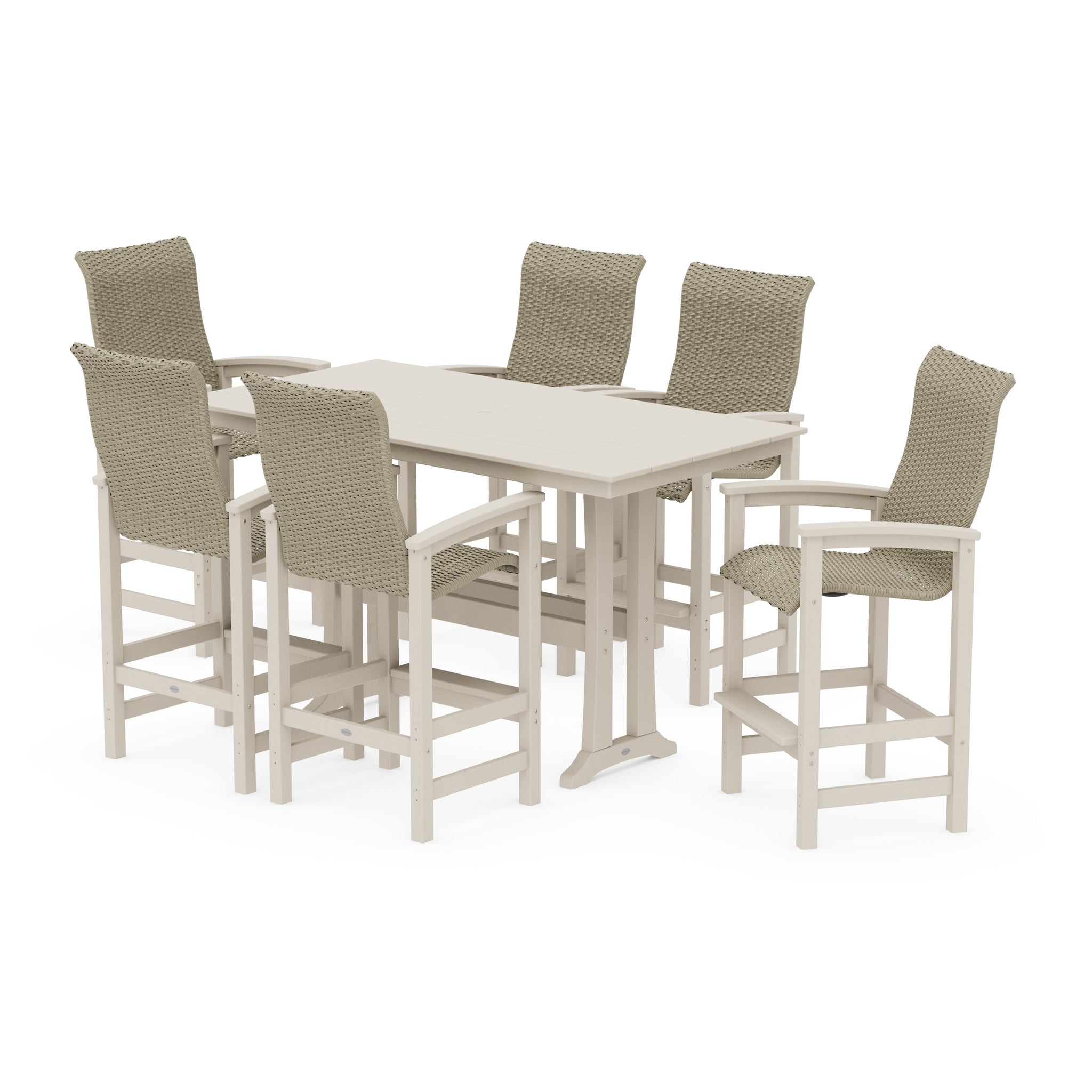 Coastal Woven High-Back Arm Chair 7-Piece Farmhouse Bar Set with Trestle Legs
