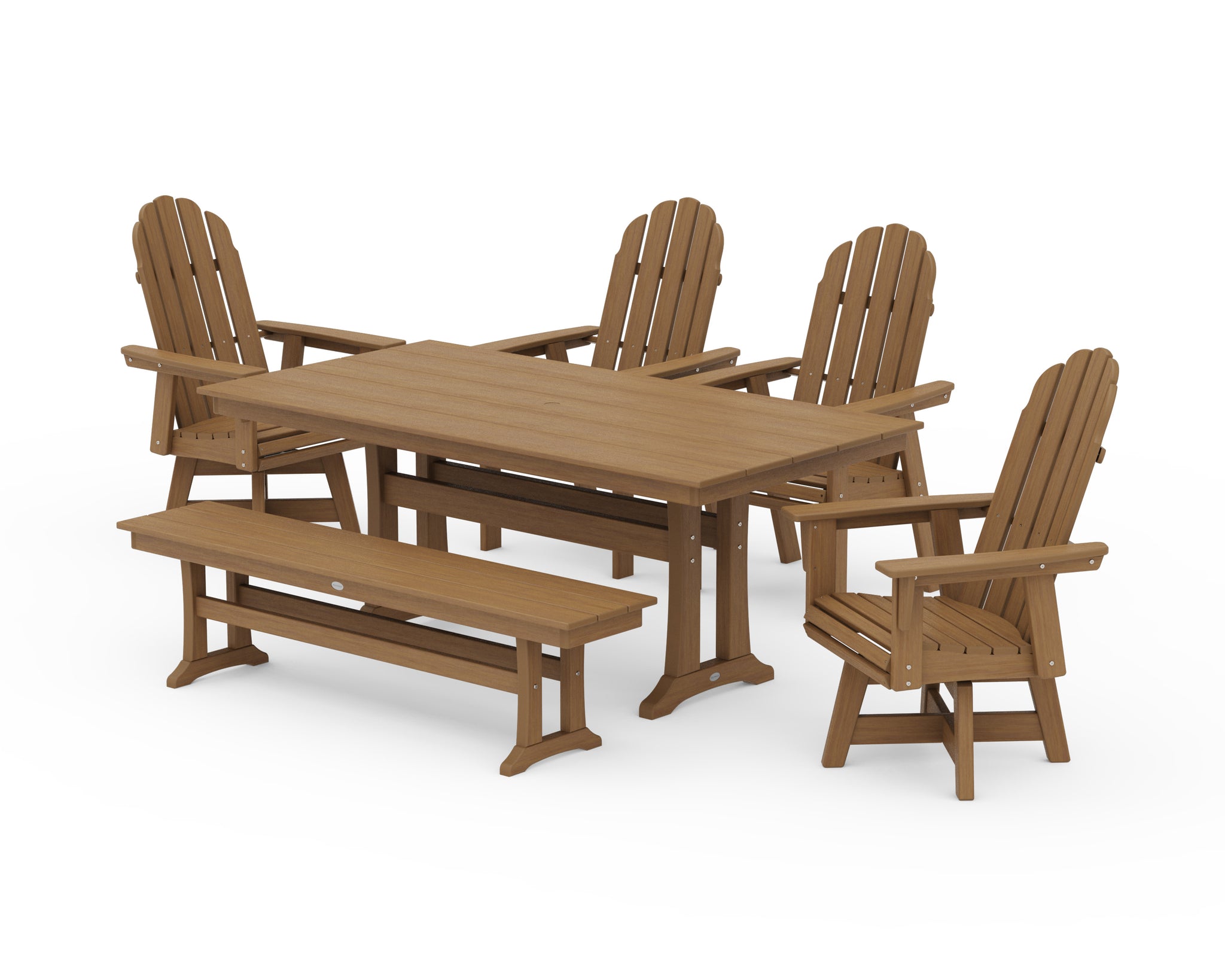 Vineyard Curveback Adirondack 6-Piece Swivel Chair Farmhouse Dining Set with Trestle Legs and Bench