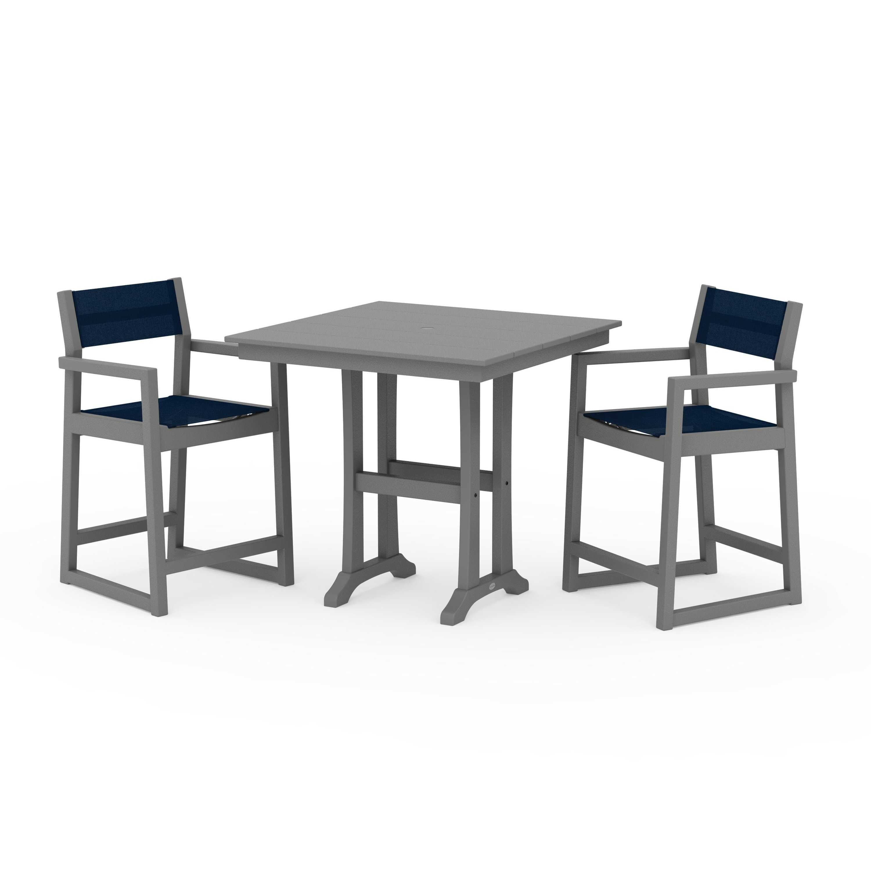 EDGE Sling Arm Chair 3-Piece Farmhouse Counter Set with Trestle Legs