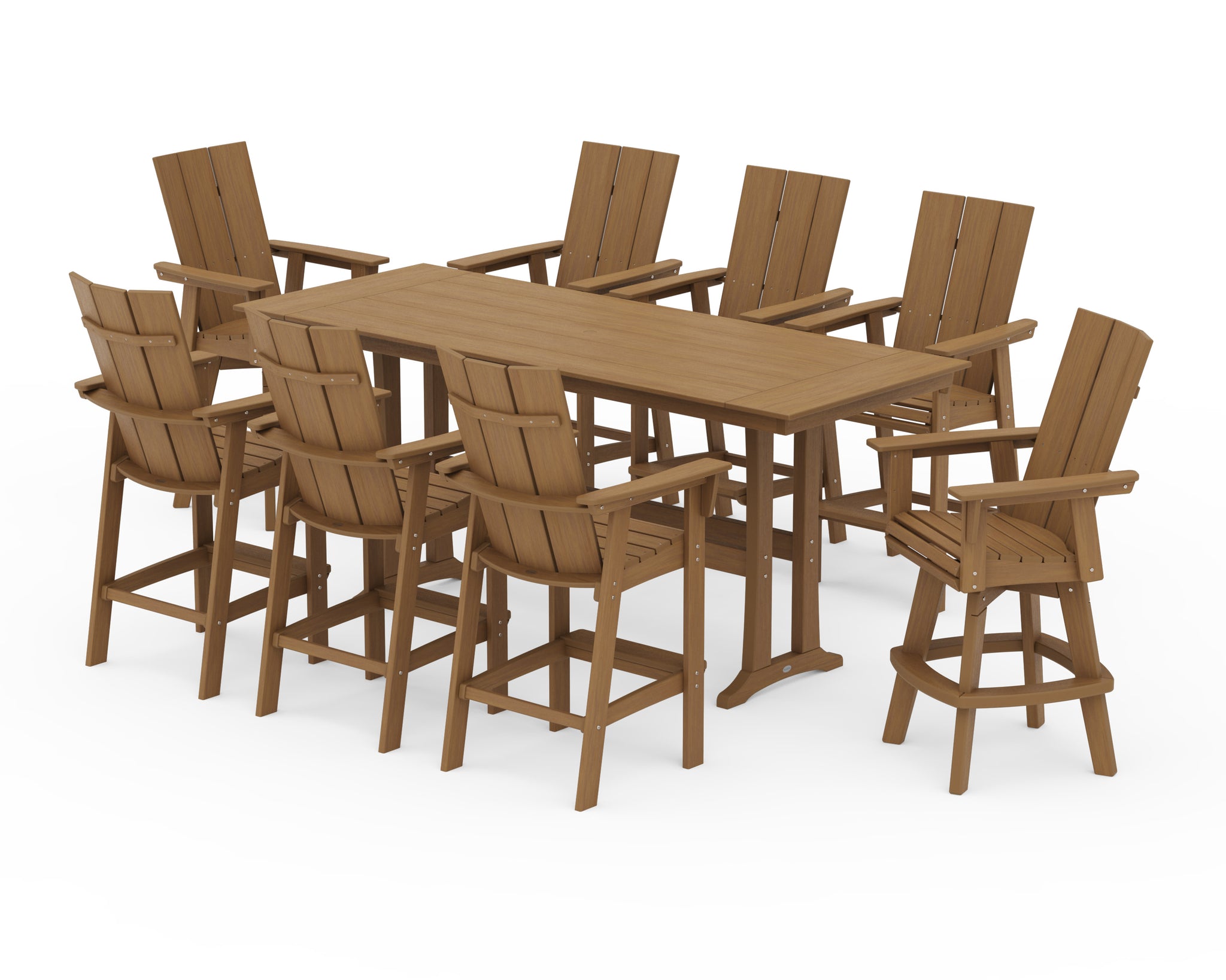 Modern Curveback Adirondack Swivel 9-Piece Farmhouse Bar Set with Trestle Legs