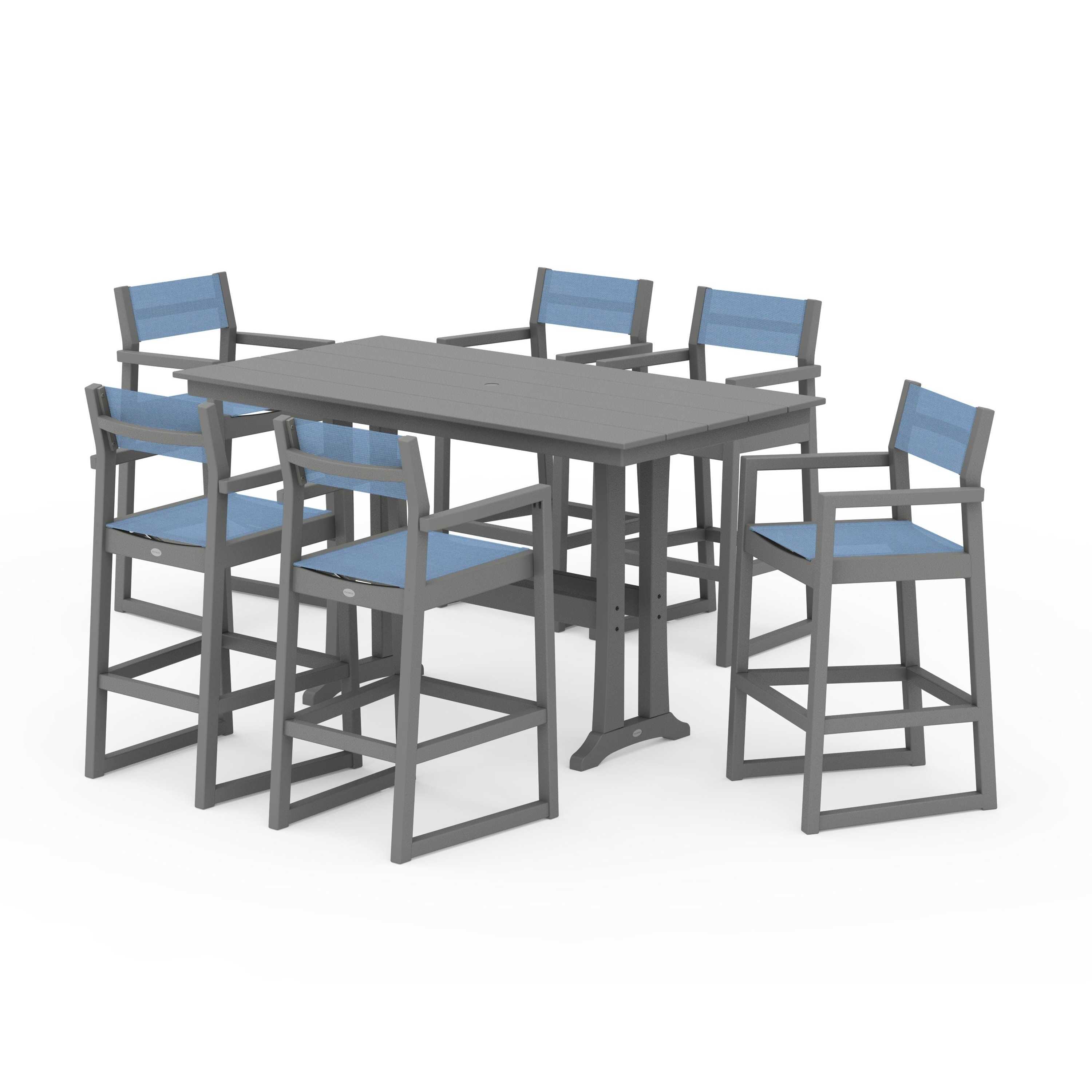 EDGE Sling Arm Chair 7-Piece Farmhouse Bar Set with Trestle Legs