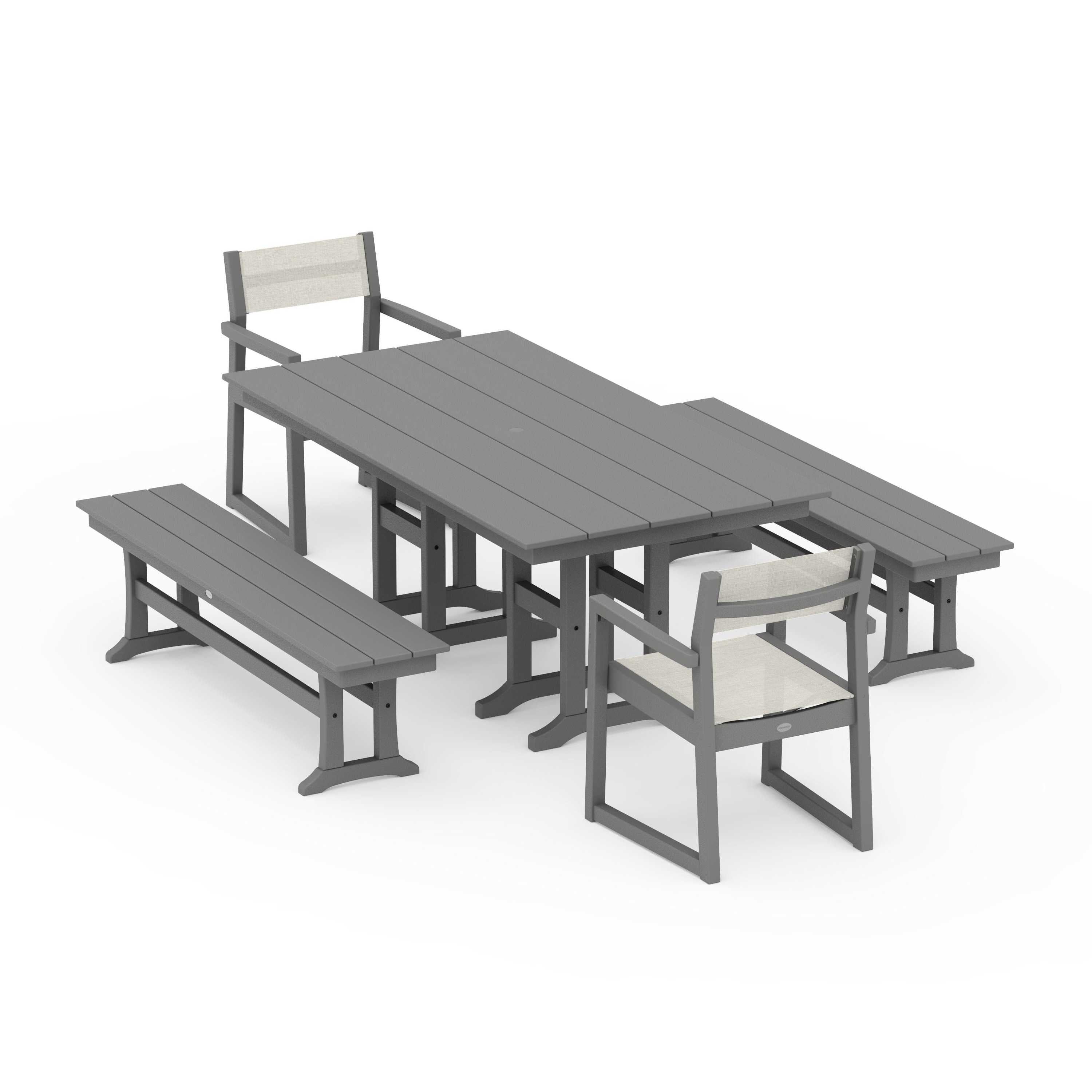 EDGE Sling Arm Chair 5-Piece Farmhouse Dining Set with Benches