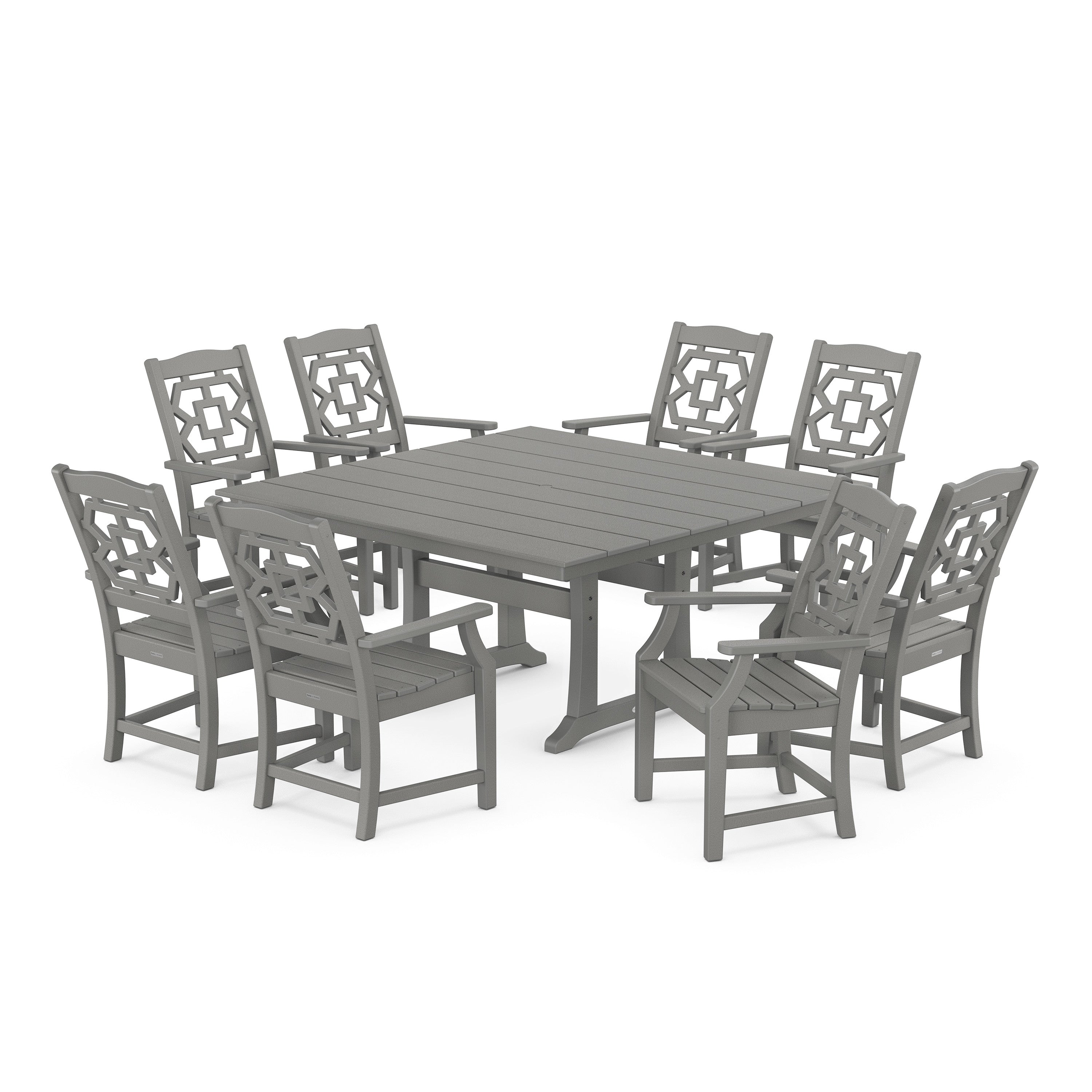 Chinoiserie 9-Piece Square Farmhouse Dining Set with Trestle Legs