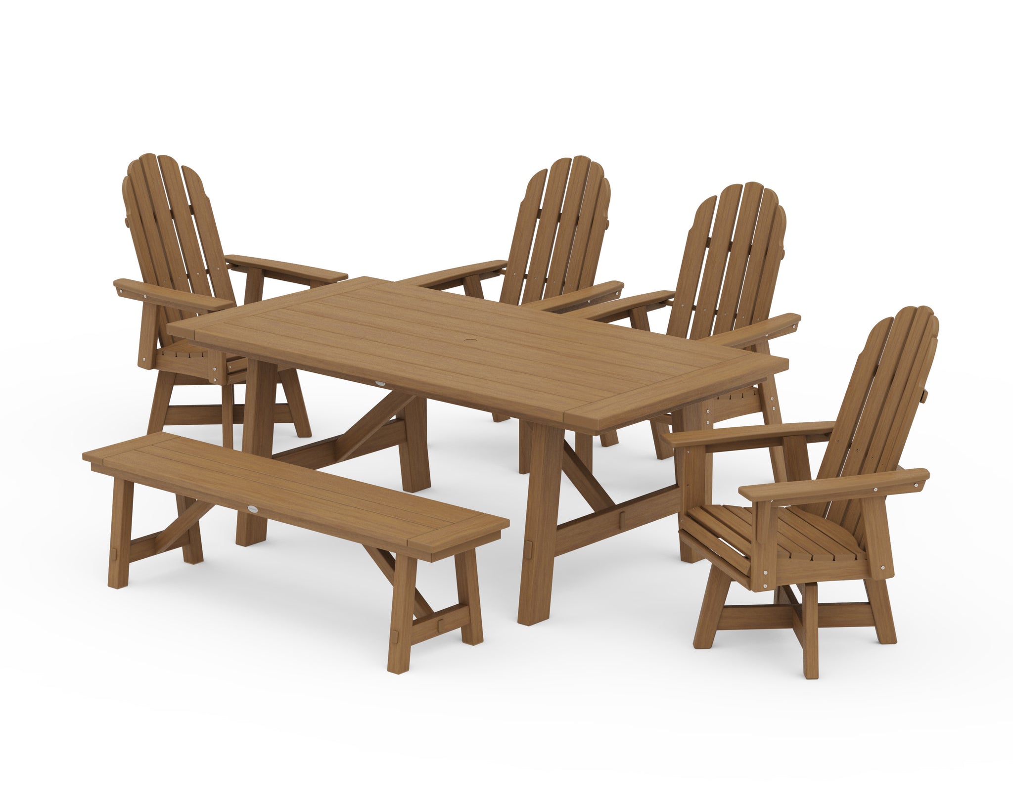 Vineyard Curveback Adirondack Swivel Chair 6-Piece Rustic Farmhouse Dining Set With Bench