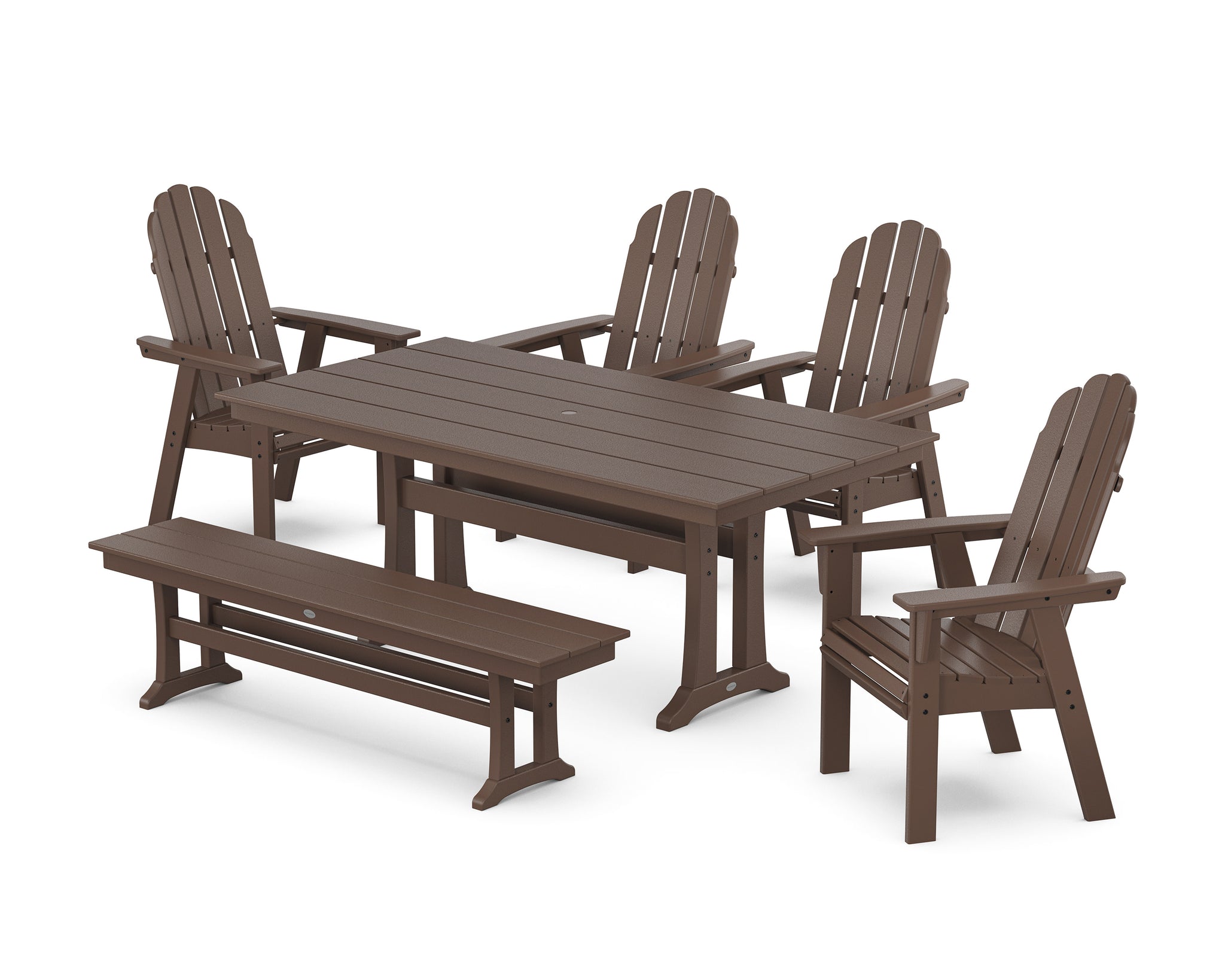 Vineyard Curveback Adirondack Chair 6-Piece Farmhouse Dining Set with Trestle Legs and Bench